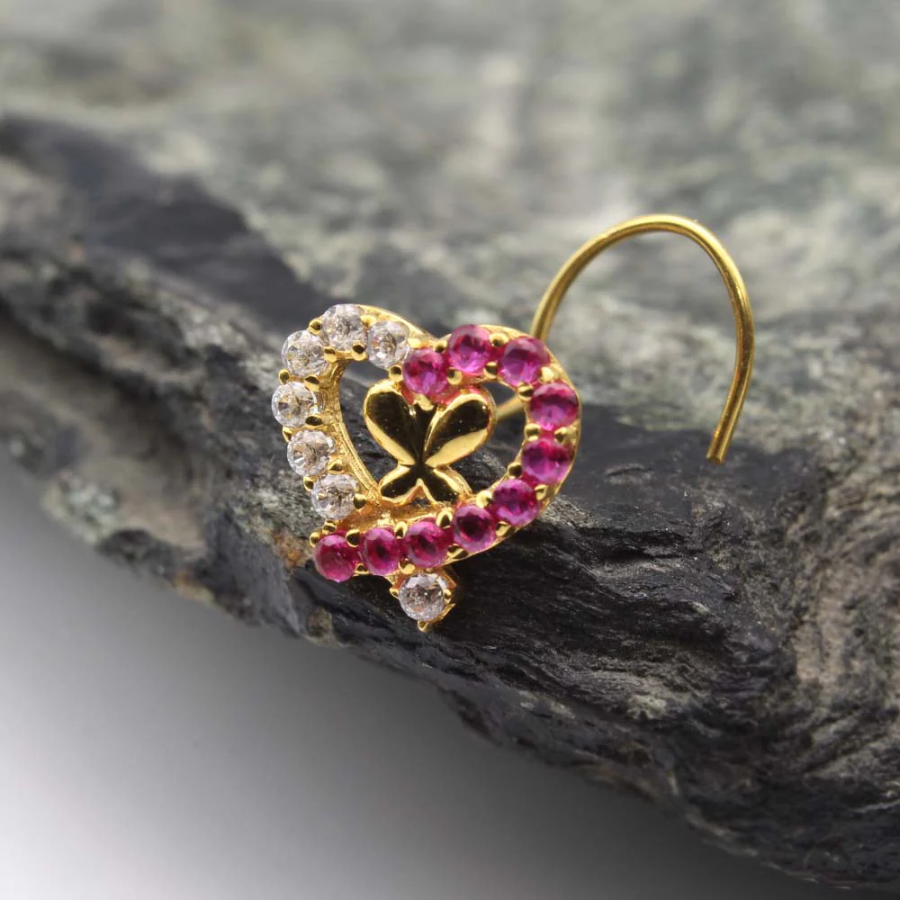 14K Real Gold Pink White Cute Heart CZ Twisted Nose Stud 24g
