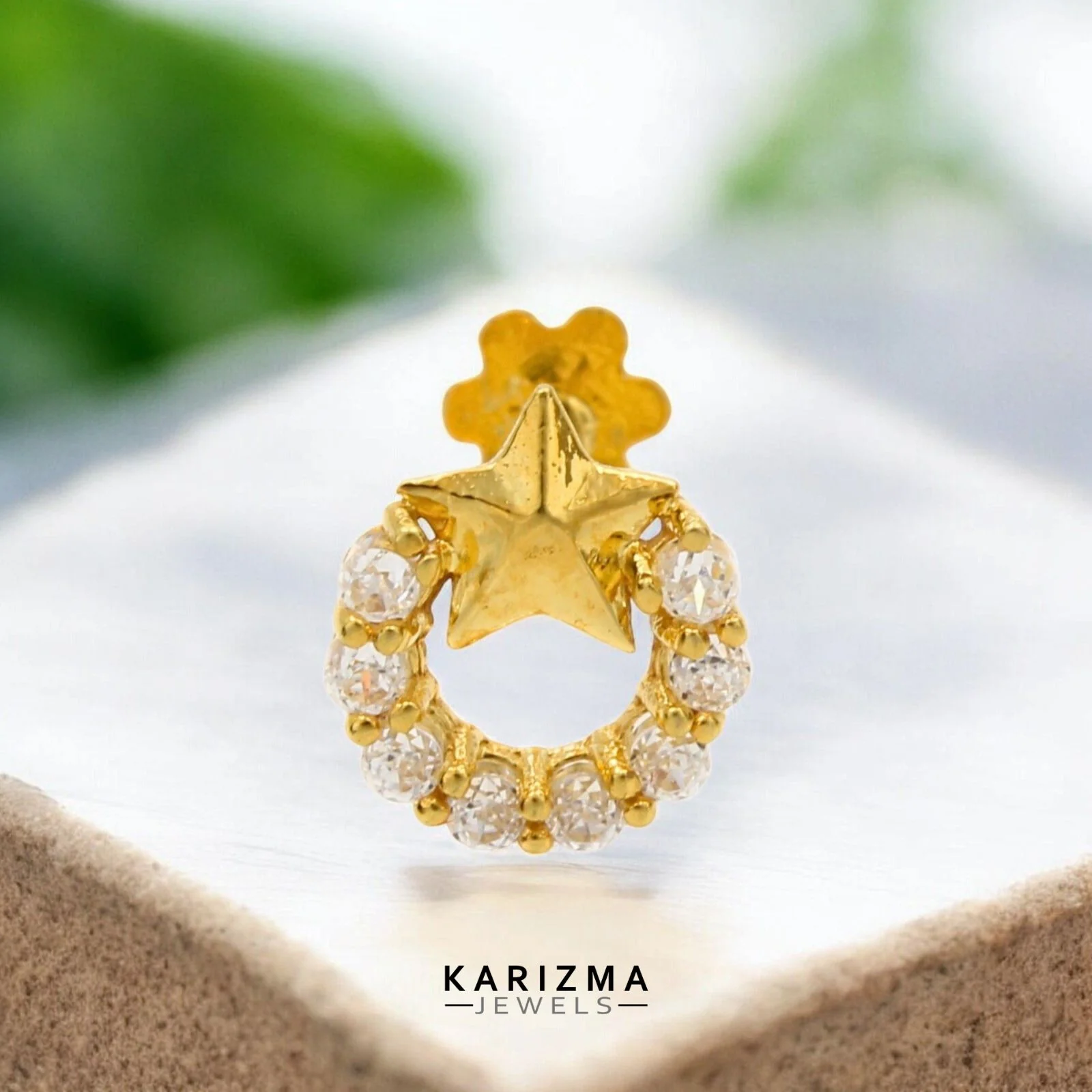 18K Real Gold cute star Nose stud cum Earring Clear White CZ Gold Screw Back - Image 2