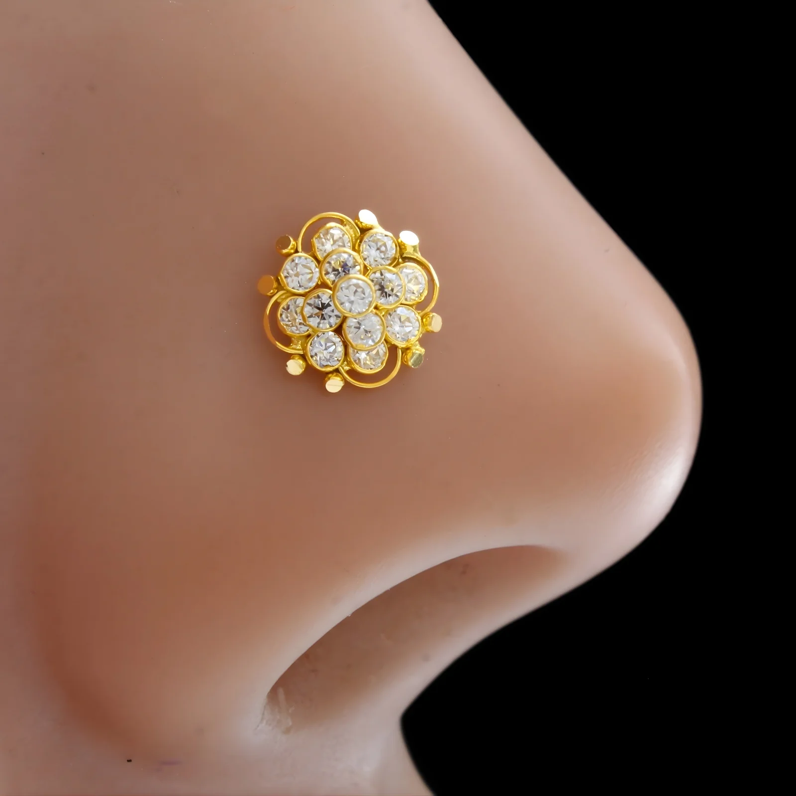 18K Real Gold Floral Cluster White CZ Push Pin Nose Stud
