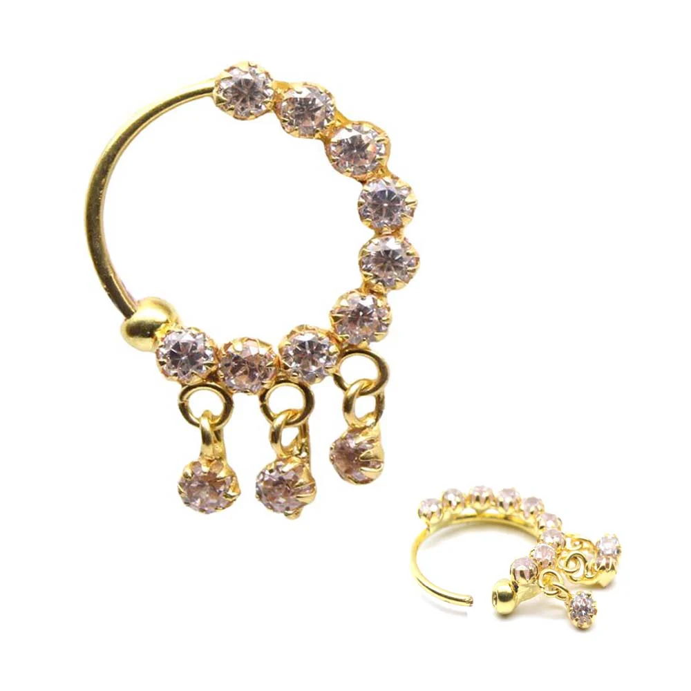 18K Real Gold Indian Bridal White CZ Left Nose Ring 22g