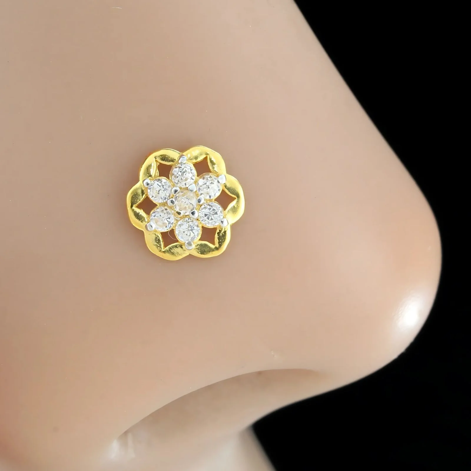 18K Real Gold Indian Women White CZ Flower Dainty Nose stud nose ring Push Pin - Image 2