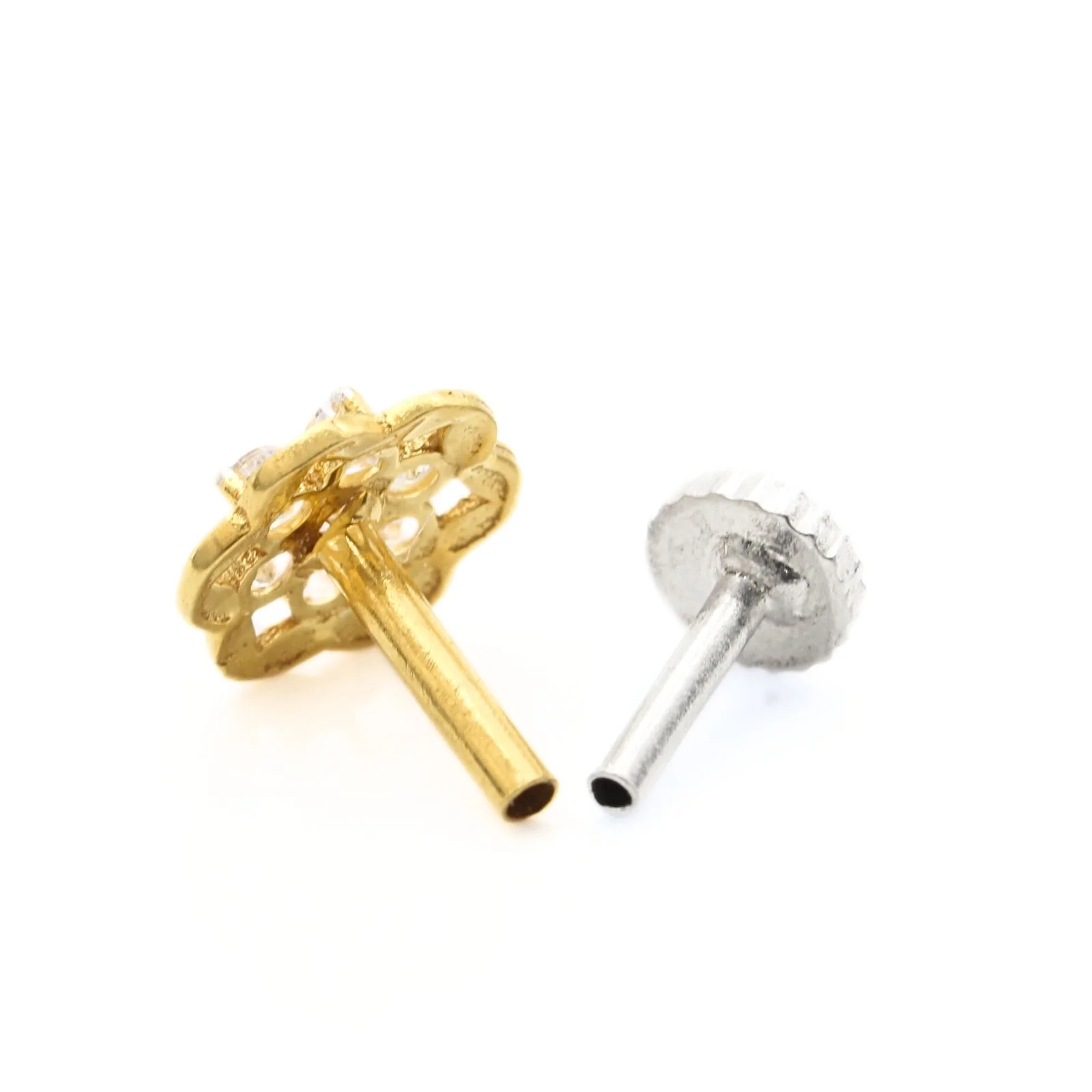 18K Real Gold Indian Women White CZ Flower Dainty Nose stud nose ring Push Pin - Image 4