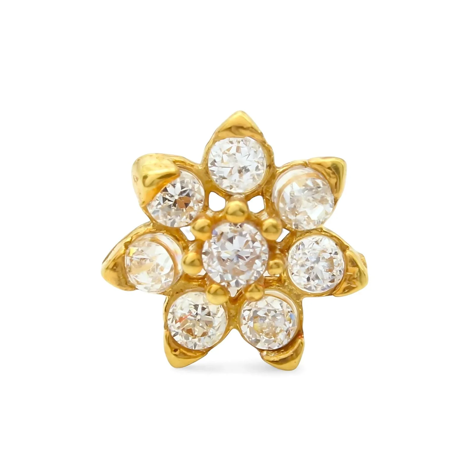 18K Real Gold Indian Women White CZ Flower Nose stud nose ring Push Pin - Image 3
