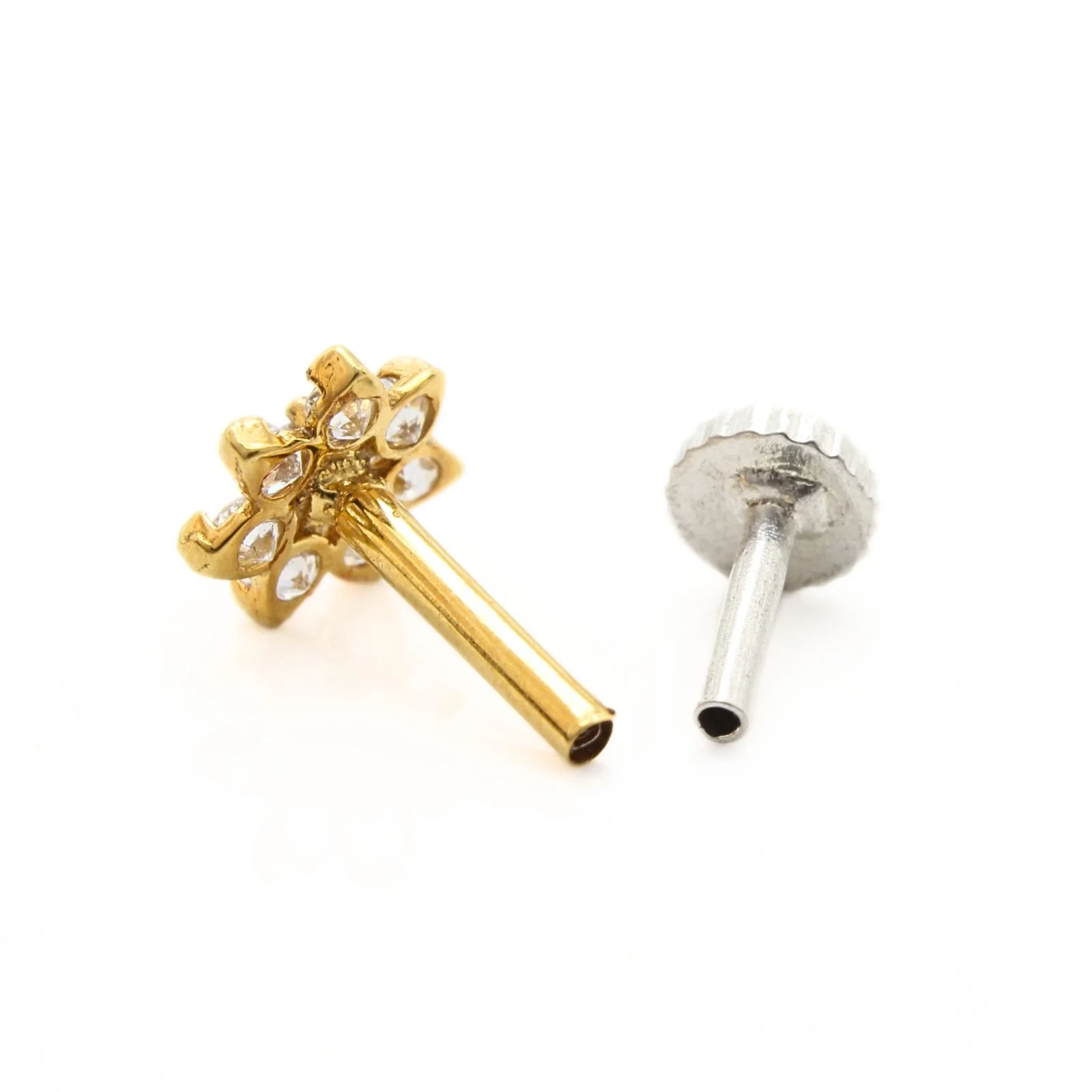 18K Real Gold Indian Women White CZ Flower Nose stud nose ring Push Pin - Image 4