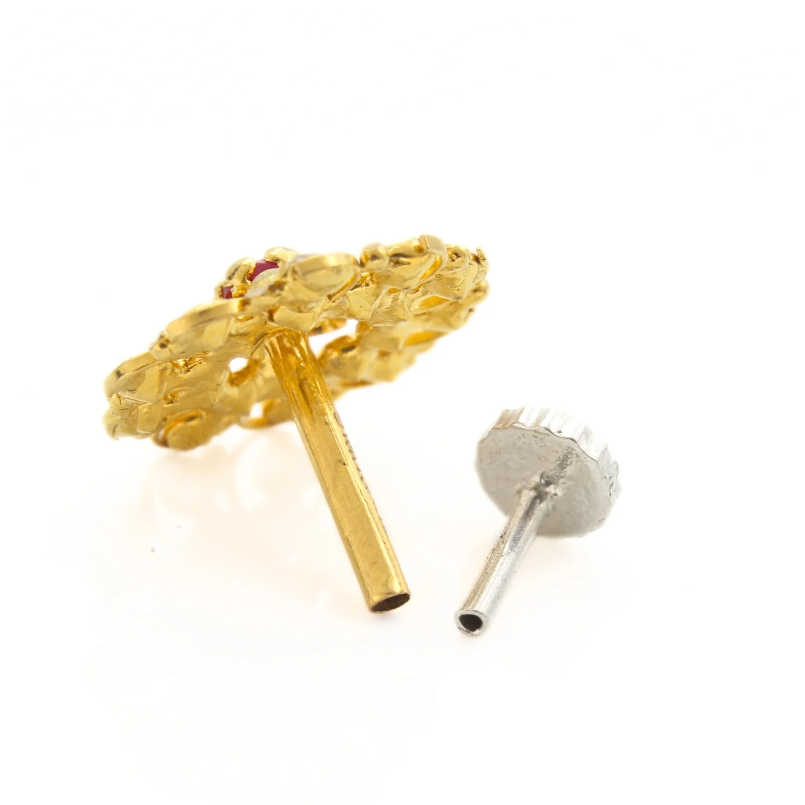 18K Real Gold Pink White CZ Nose Ring Push Pin Sunburst Nose Stud - Image 4
