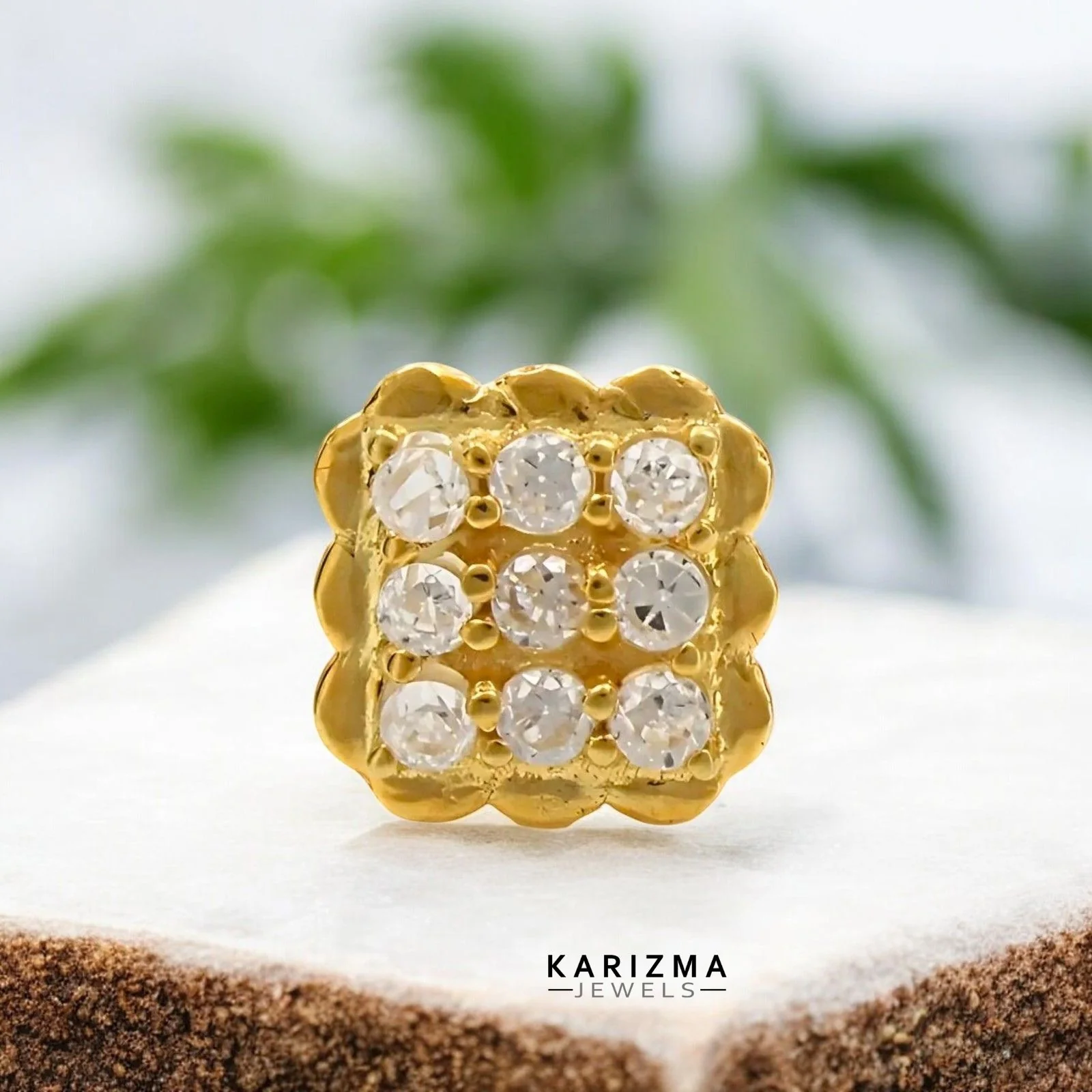 18K Real Gold square Nose stud cum Earring White CZ Gold Screw Back - Image 2
