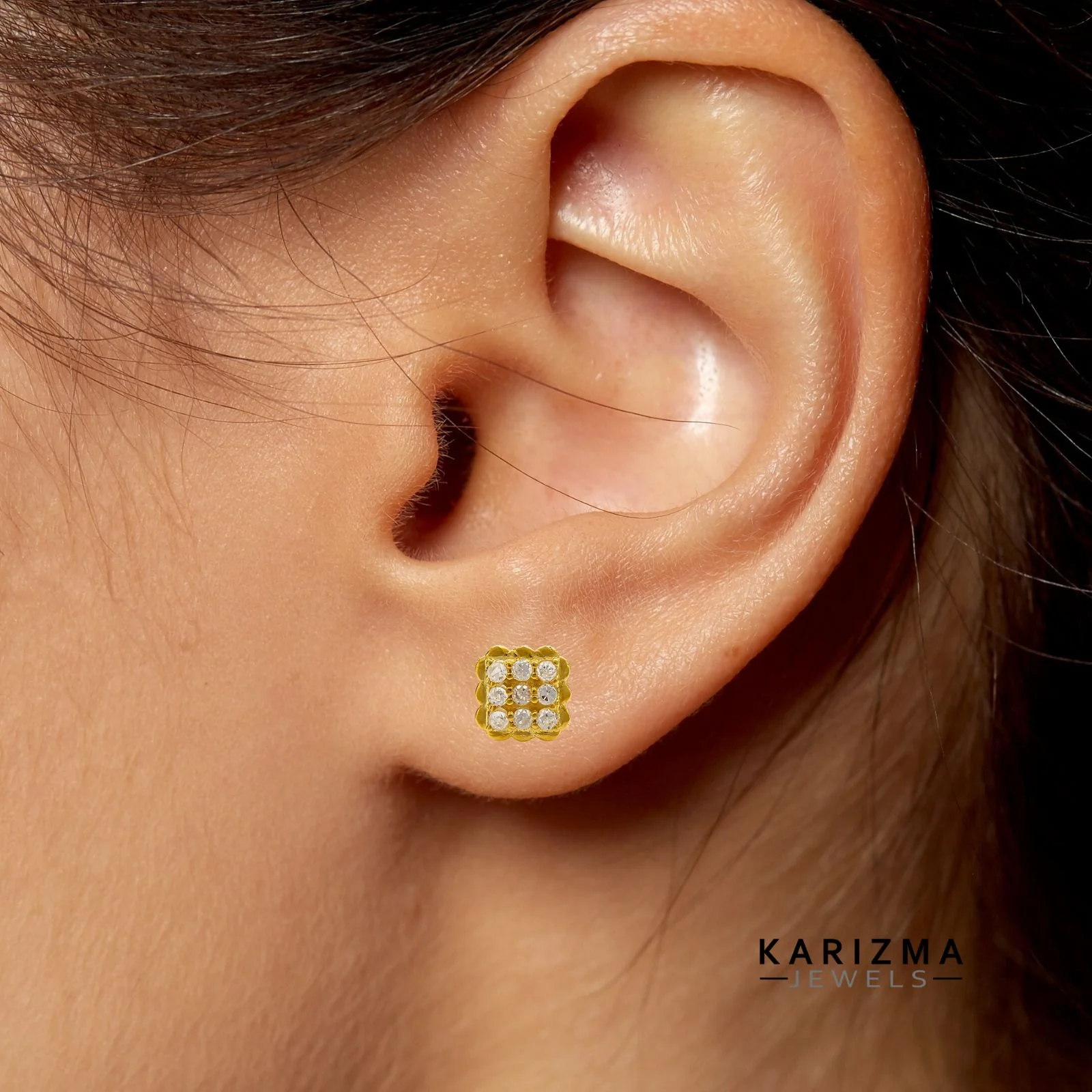 18K Real Gold square Nose stud cum Earring White CZ Gold Screw Back - Image 7