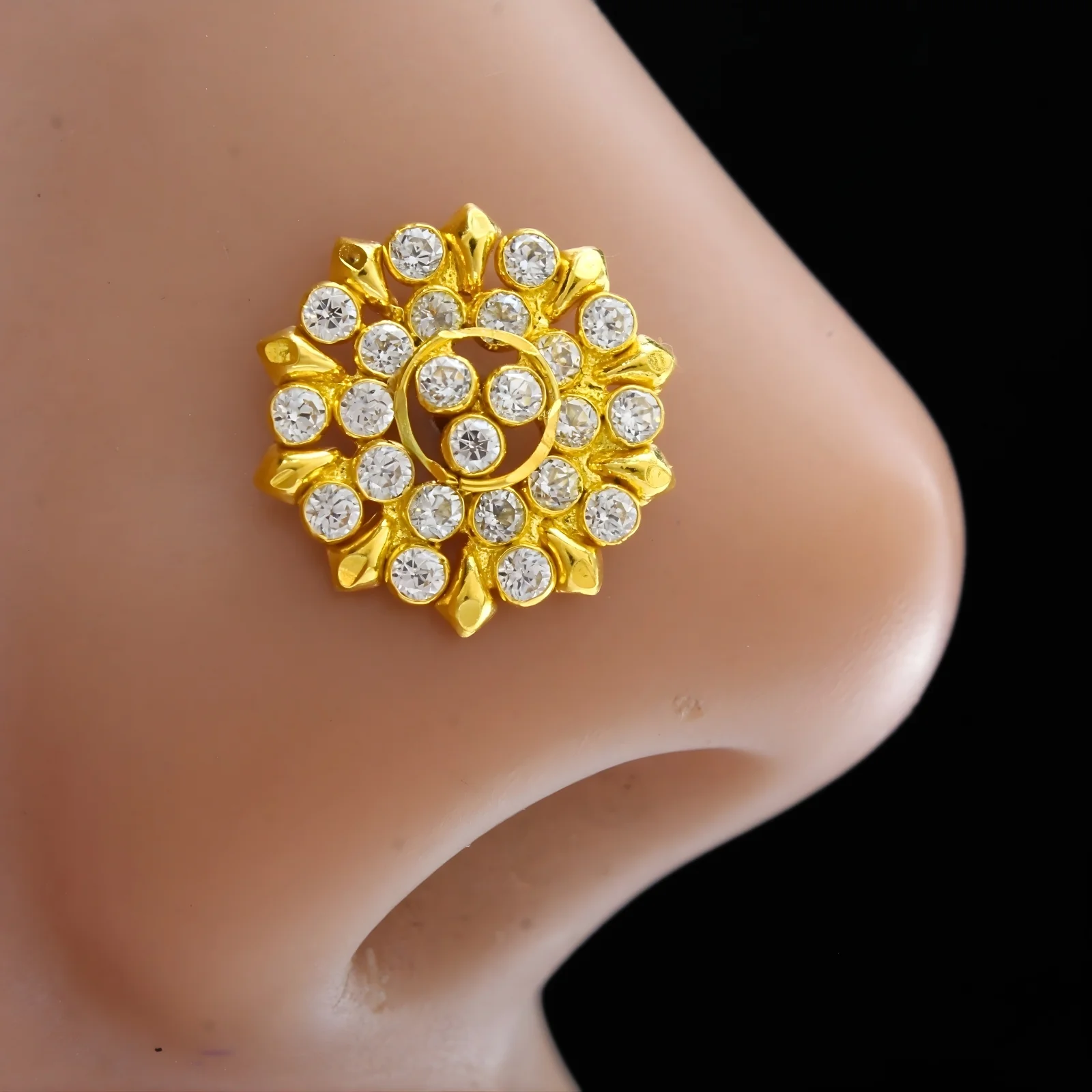 18K Real Gold White CZ Push Pin Mandala Nose Stud