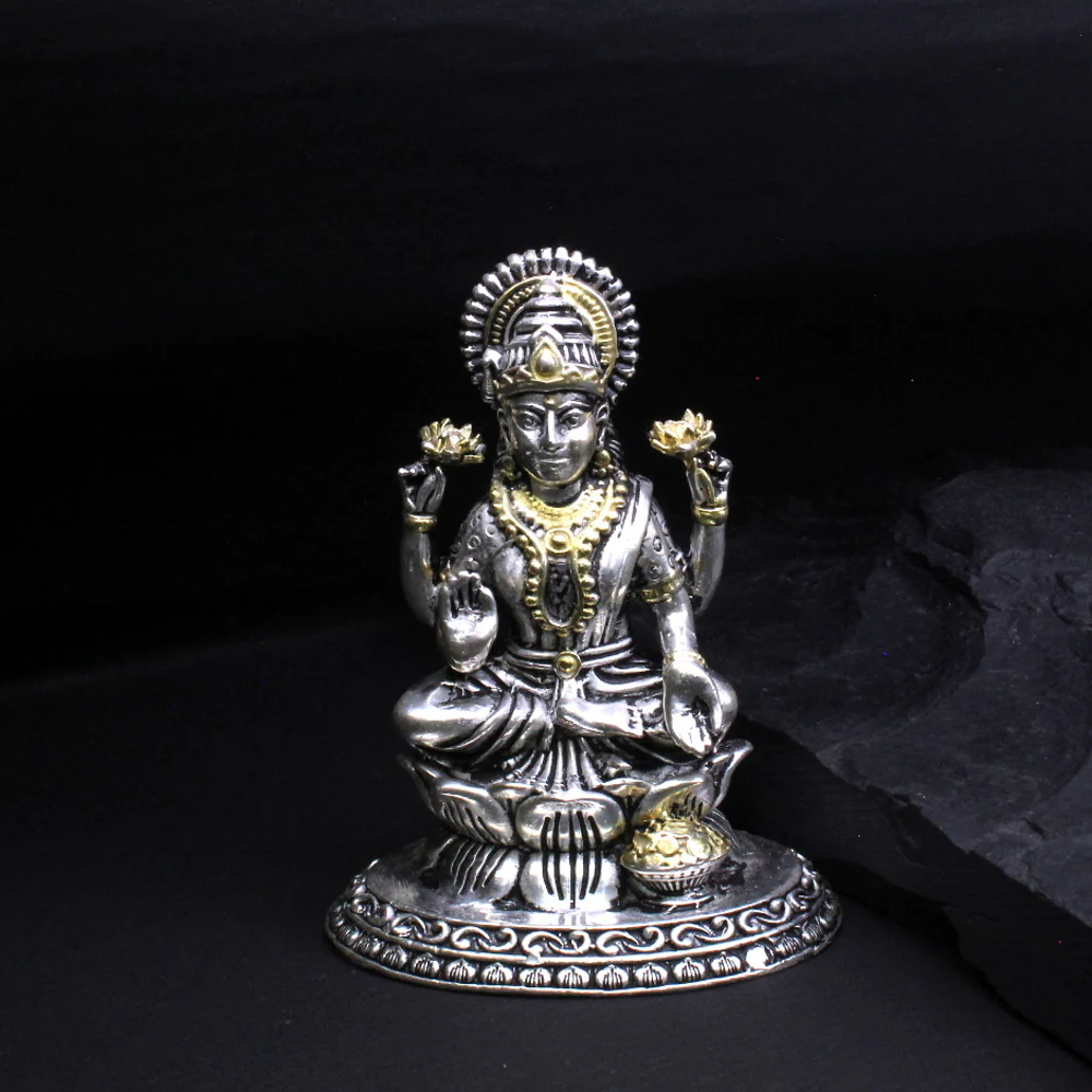 2D 925 Real Sterling Silver Oxidized Laxmi Statue religious Diwali gift - Image 2