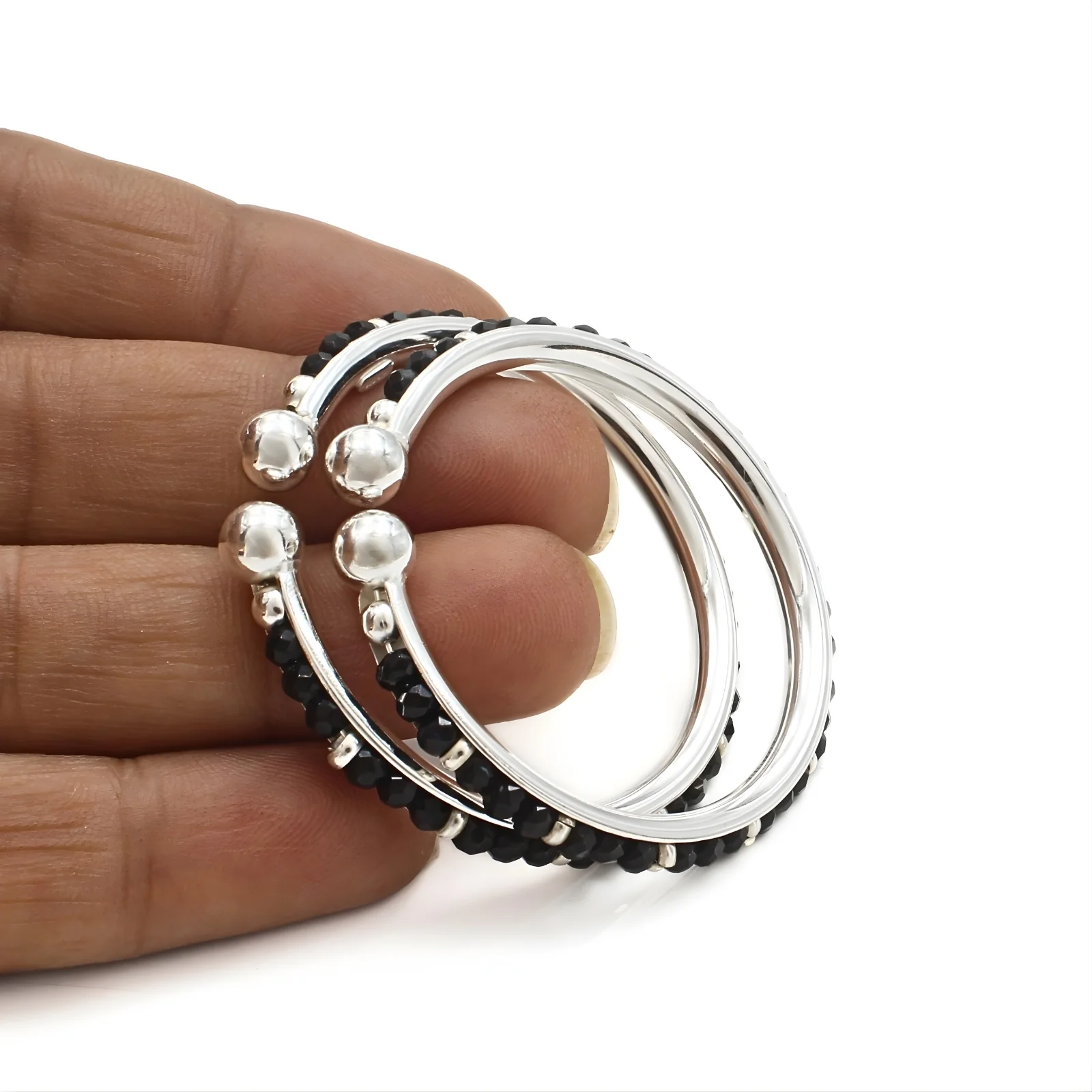925 Real Silver Black Beads Nazariya kids Bangles Bracelet - Pair - Image 2