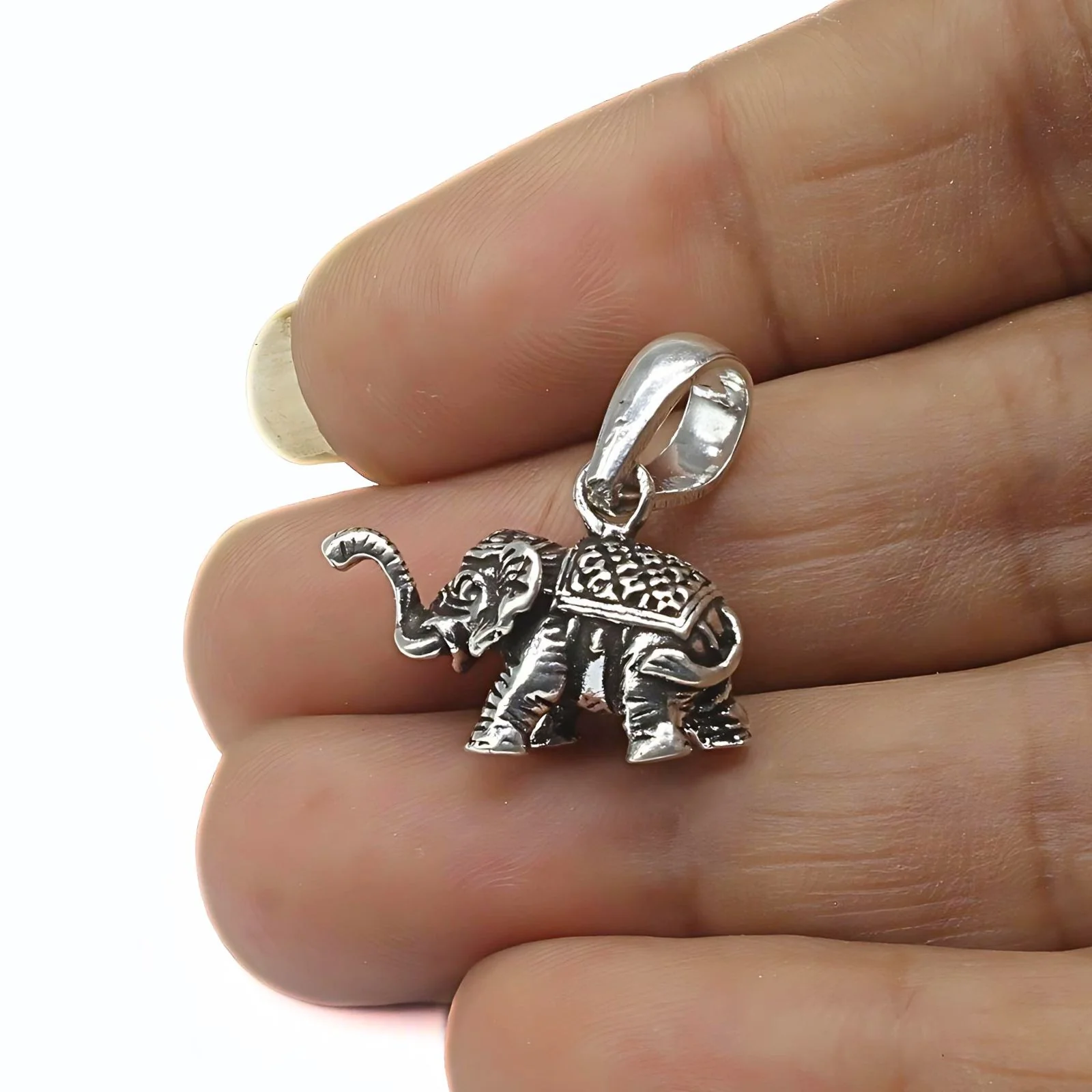 925 Real Silver Oxidized Elephant With Trunk Up Pendant - Image 3