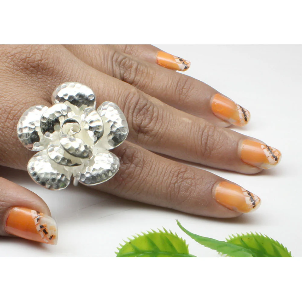 925 Real Silver Wild Flower Hammered Adjustable Textured Ring - Image 3