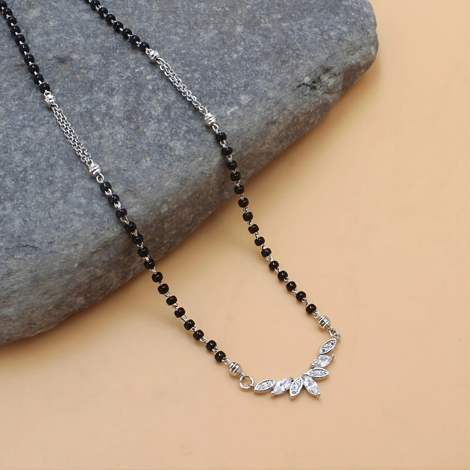 925 Real Sterling Silver Black Beads Floral Leaf CZ Mangalsutra women chain for wife - Image 4