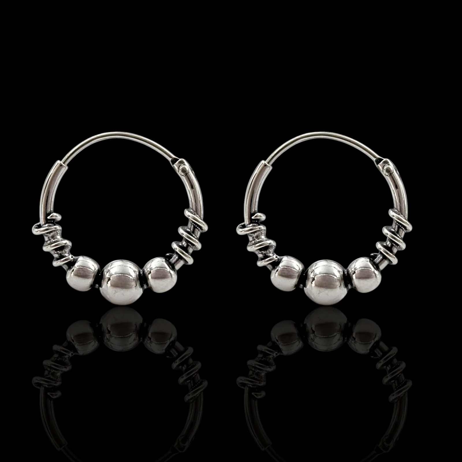 925 Real Sterling Silver Oxidized Bead bali hoop earrings for women - Pair - Image 2