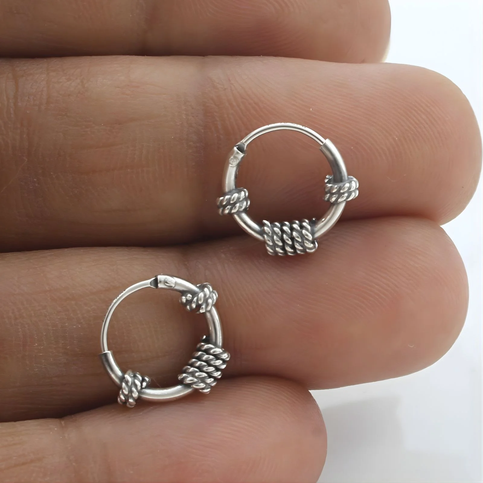 925 Real Sterling Silver Oxidized Rope Design small bali hoop earrings for Girls - Pair - Image 2