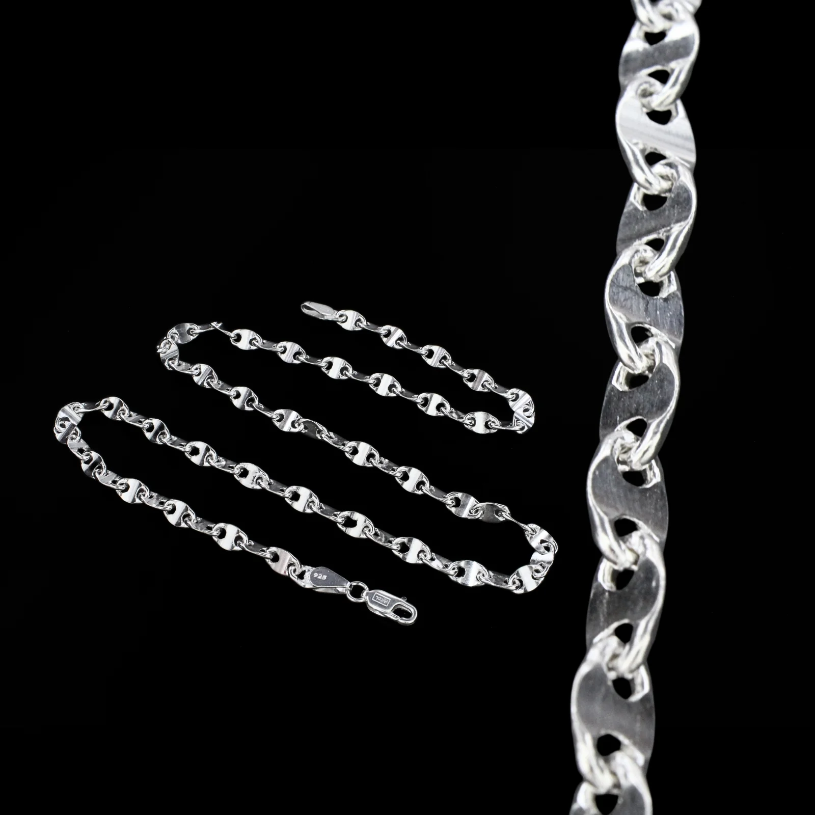 925 Real Sterling Silver Puffed Mariner Neck Chain 20" - Image 2