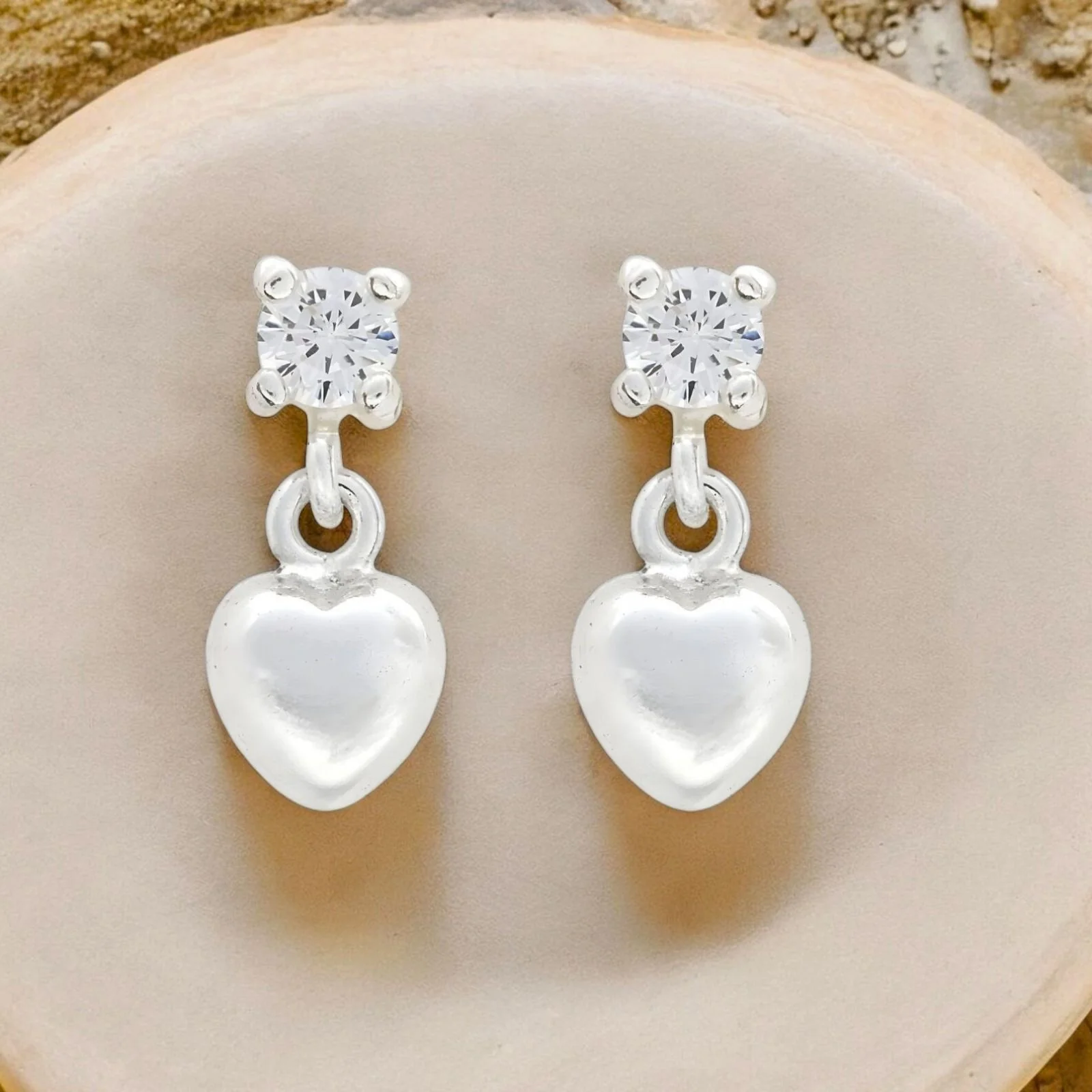 925 Real Sterling Silver White CZ girlish Plain Heart Drop stud Earrings - Pair