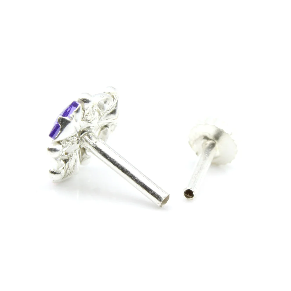 Floral Style Push Back Silver Nose Piercing - Image 3