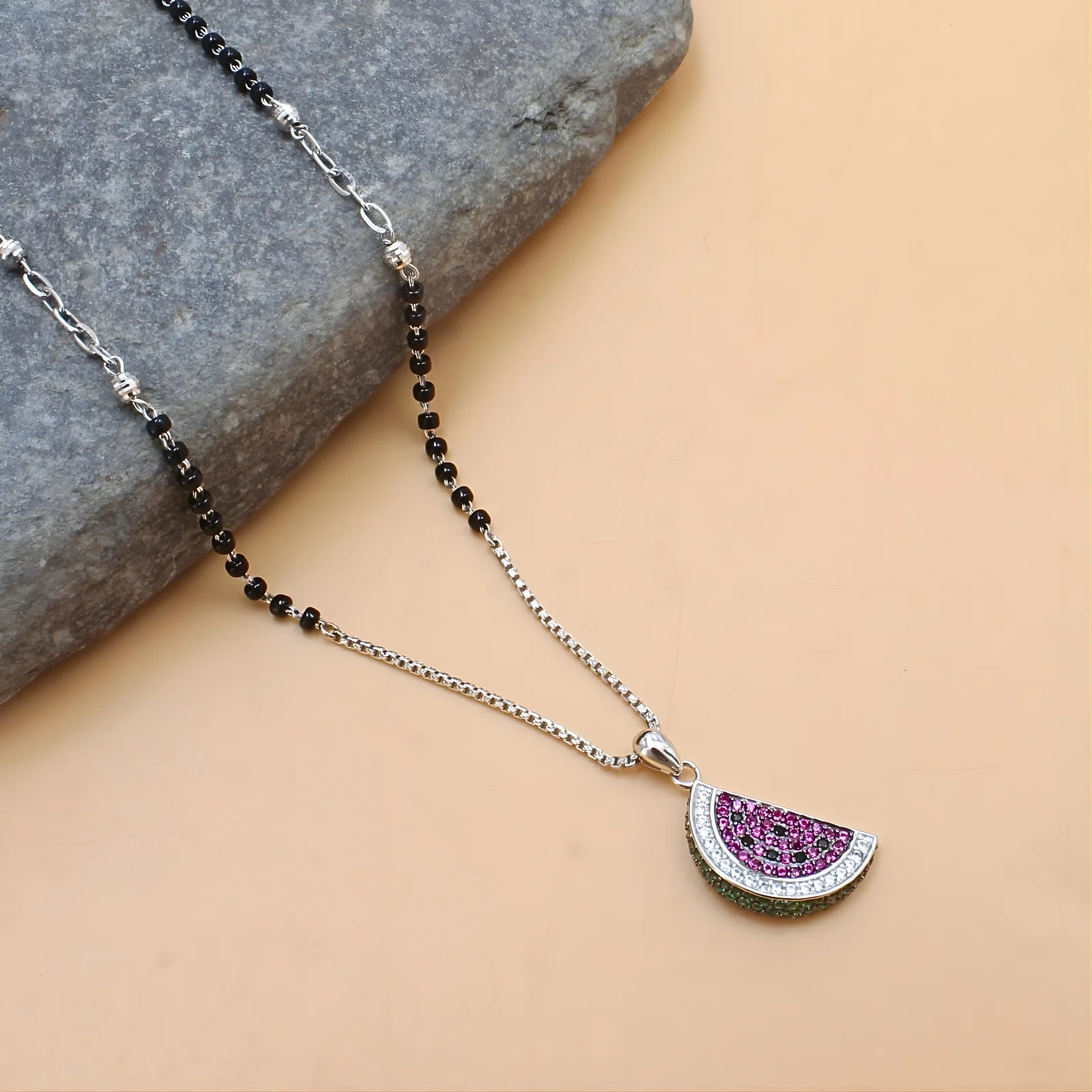 925 Sterling Silver CZ Watermelon Charms Black Beads Mangalsutra women chain for wife - Image 4