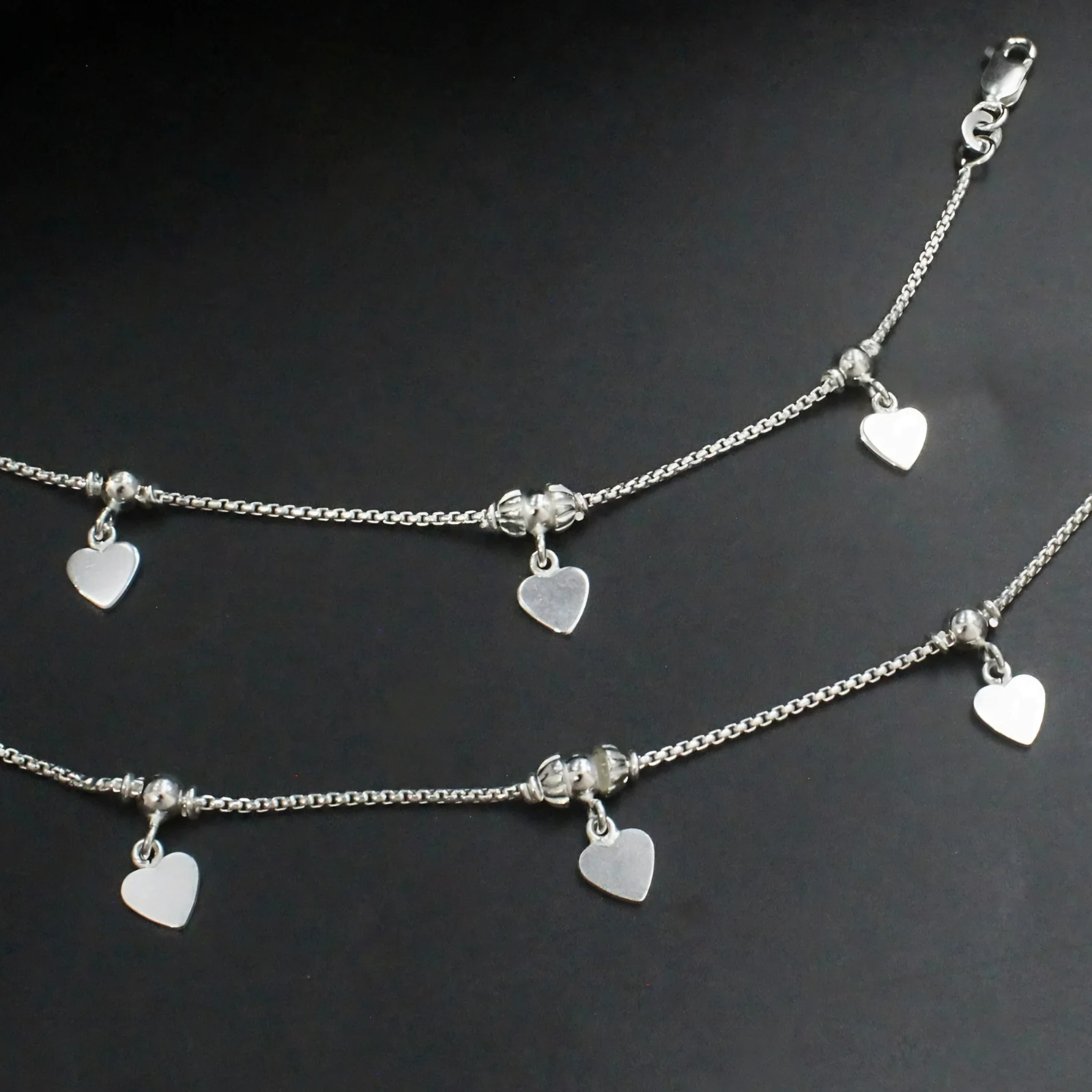 925 Sterling Silver Dangle Heart Charm Kids Anklet Pair- 6" - Image 3