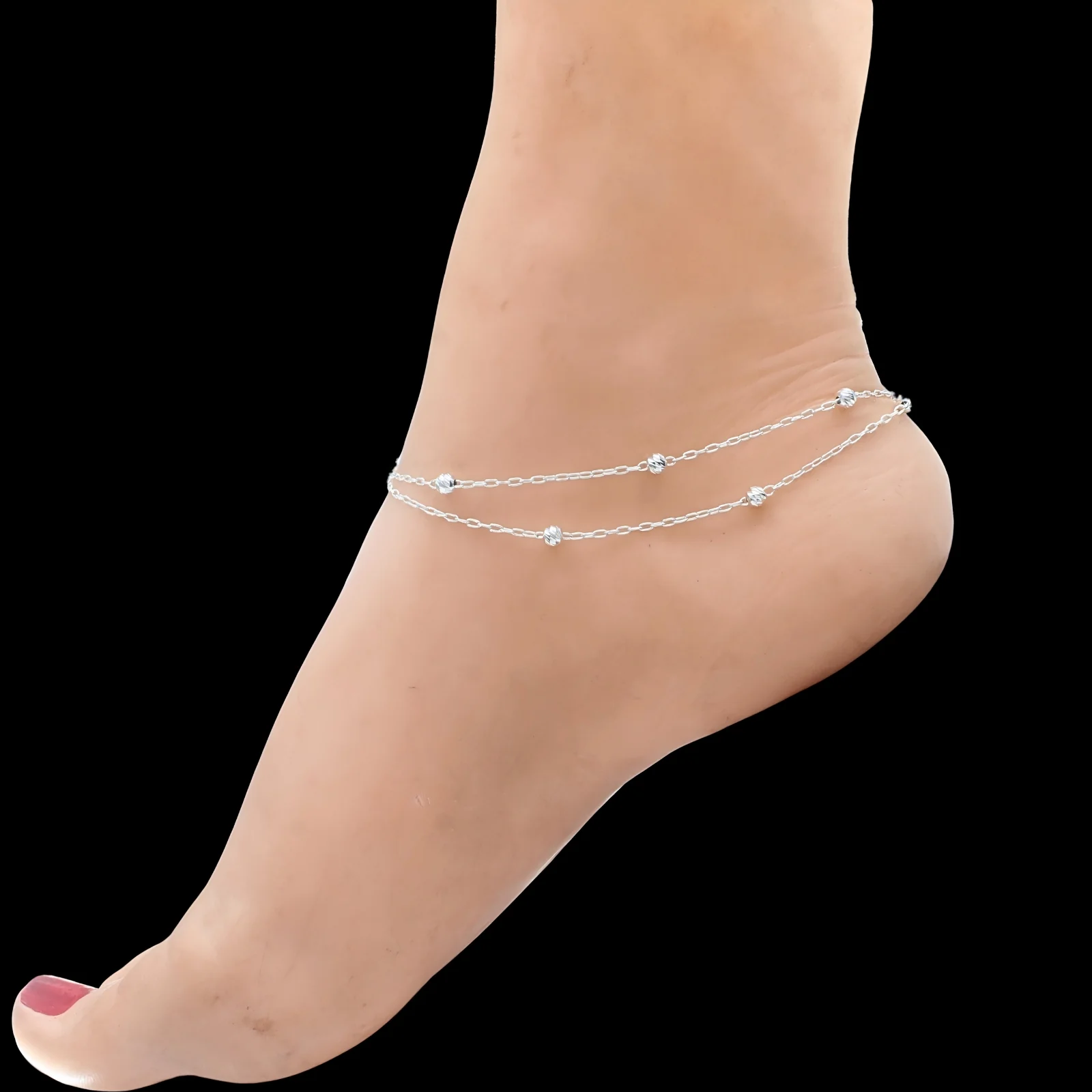 925 Sterling Silver Double Chain Bead Silver Anklet Pair 10.5" - Image 2