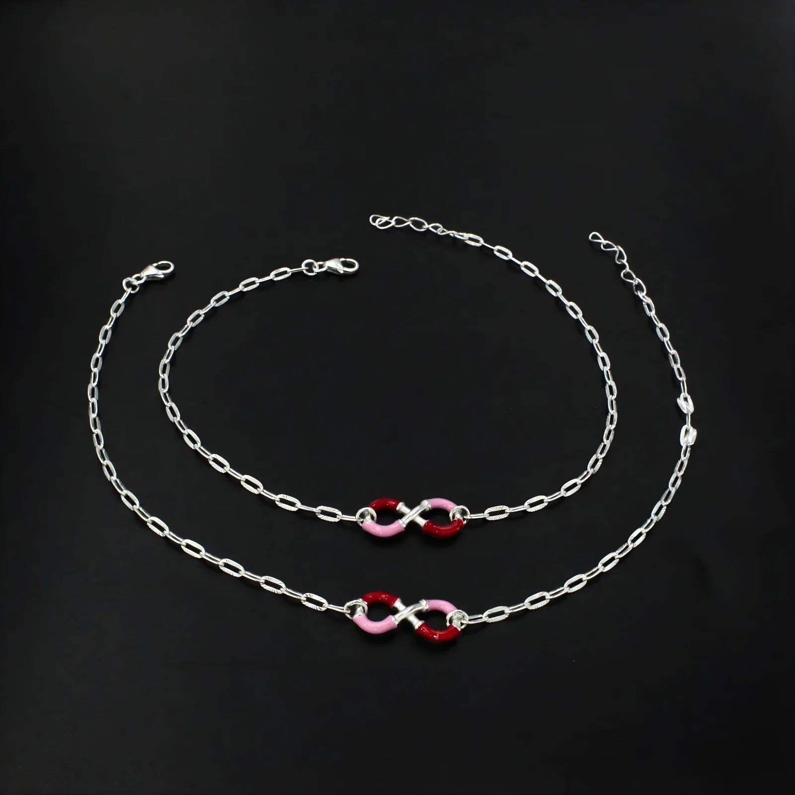 925 Sterling Silver Embellished Infinity Chain Anklet Pair 10.4" - Image 2