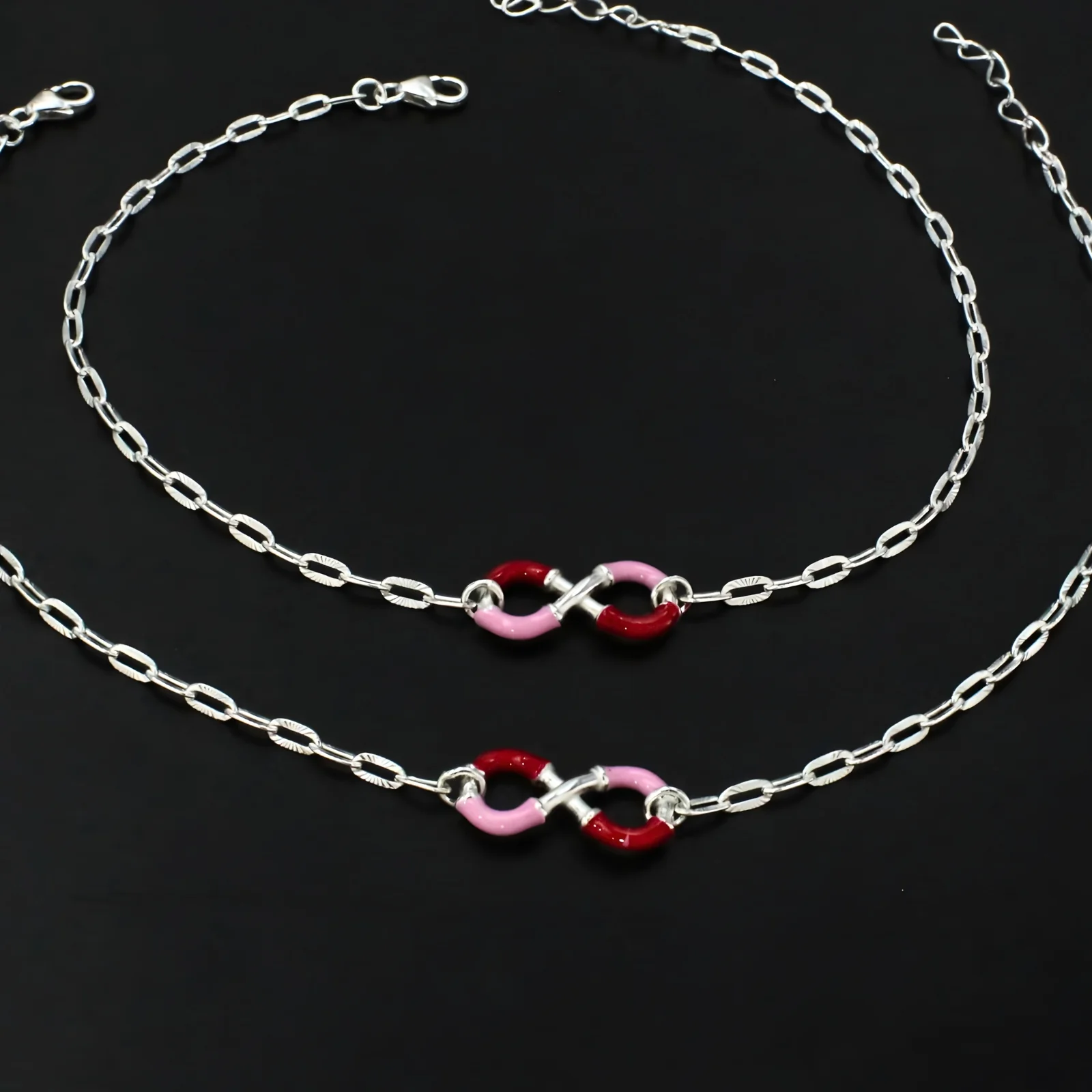925 Sterling Silver Embellished Infinity Chain Anklet Pair 10.4" - Image 3