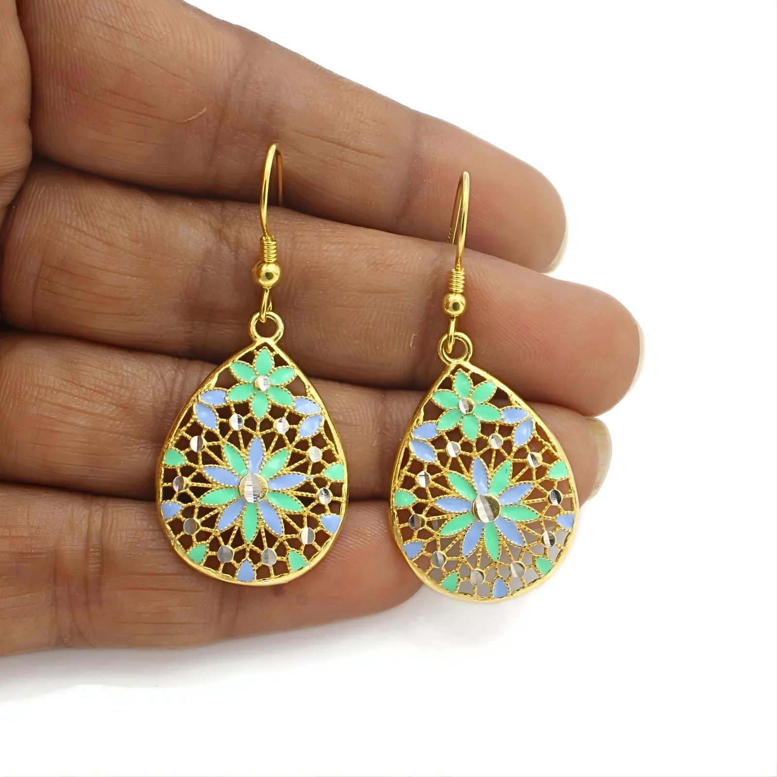 925 Sterling Silver Gold Tone Floral Drop Earrings - Image 4