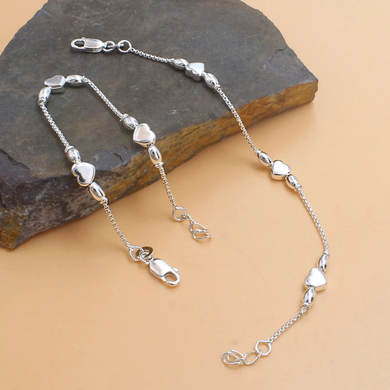 925 Sterling Silver Heart Charm Kids Anklet Pair- 6" - Image 2