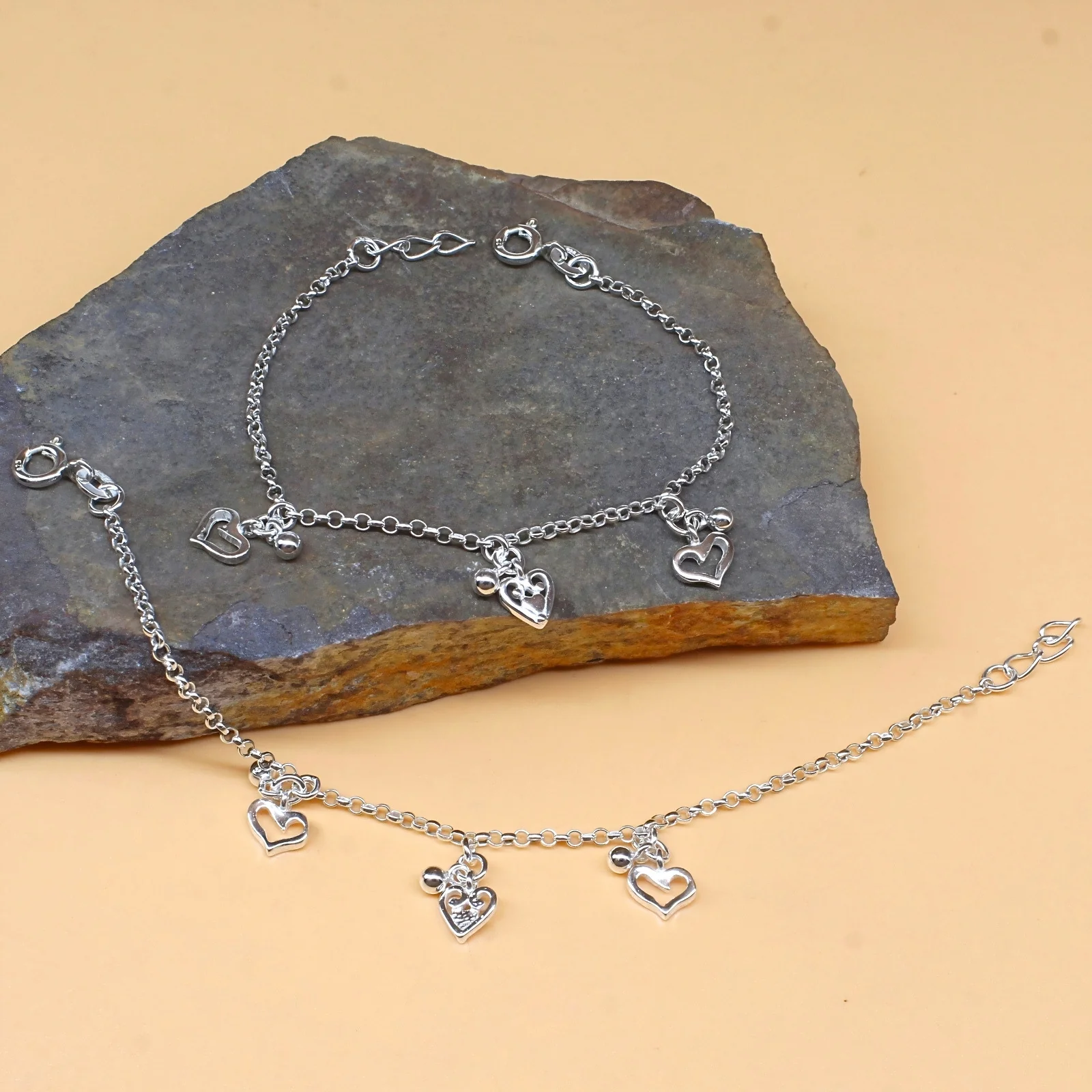 925 Sterling Silver Heart Hanging Design Kids Anklet Pair- 6" - Image 2
