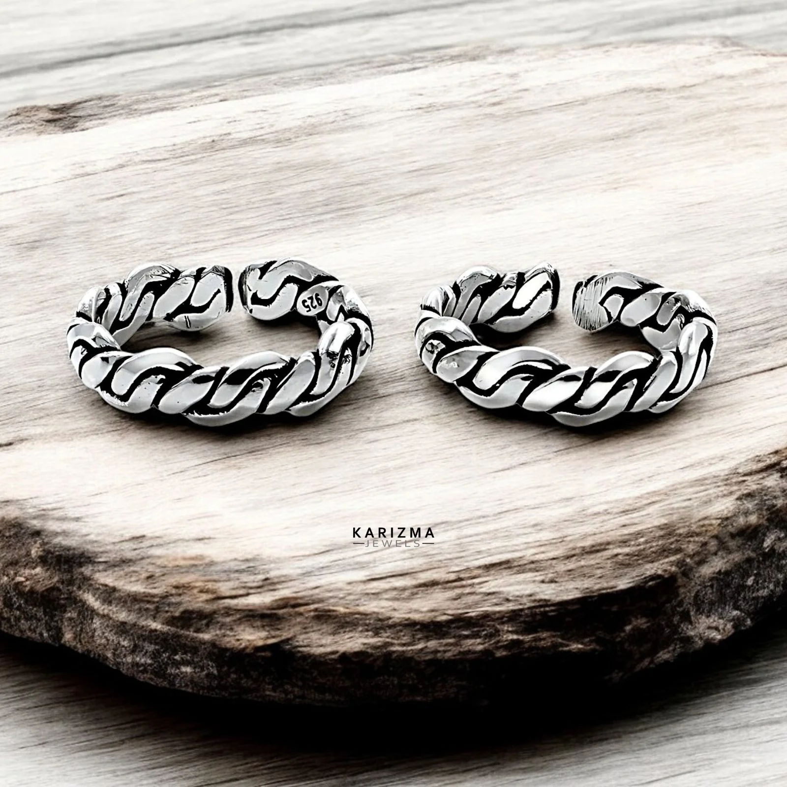 925 Sterling Silver Indian Rope Twist Antique Adjustable women foot toe rings band - Pair