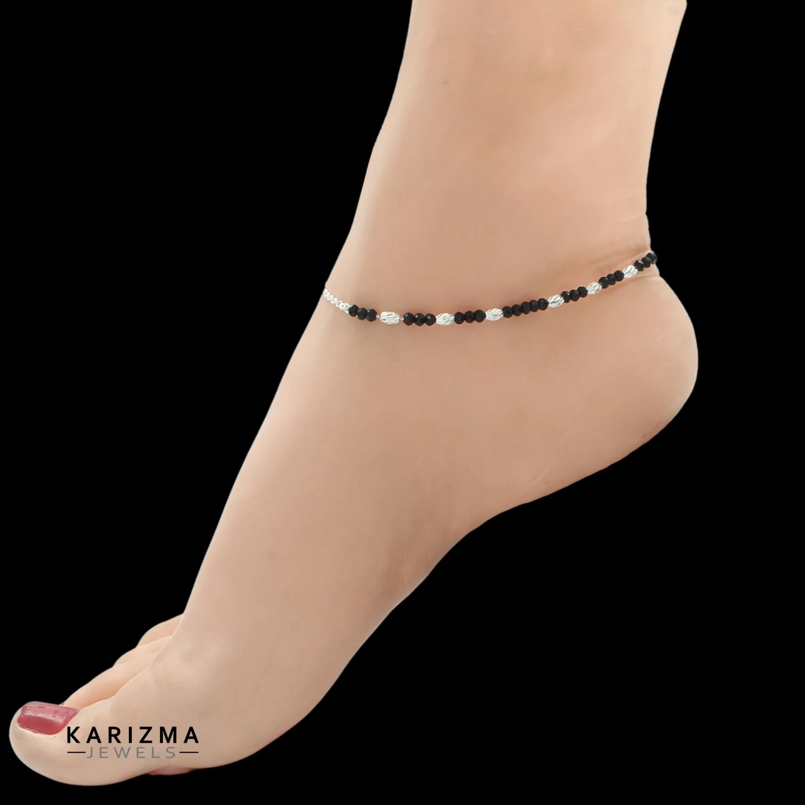 925 Sterling Silver Indian women amazing black crystal bead Anklets Pair 9.5" - Image 2