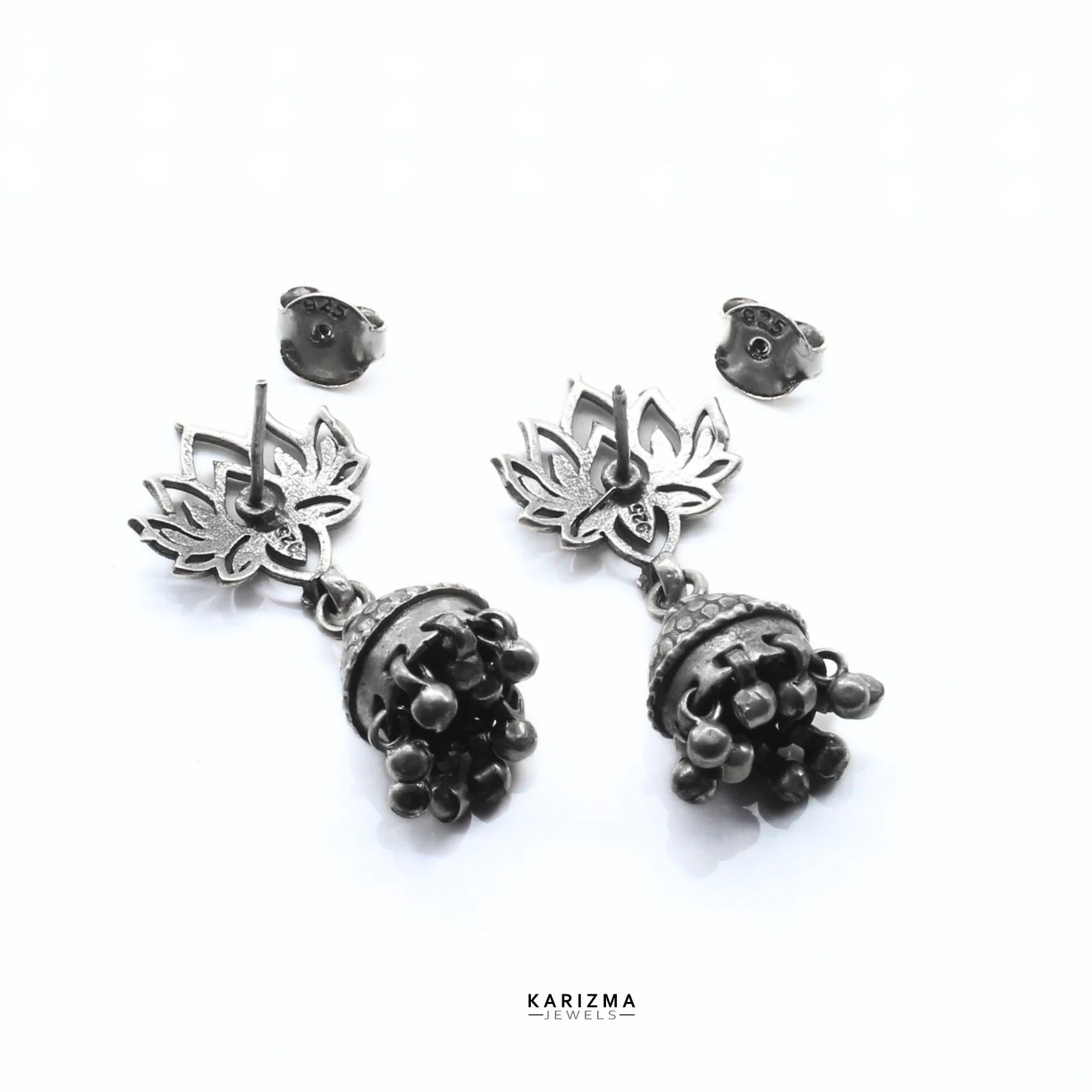 925 Sterling Silver Oxidised Lotus Jhumki Earring For Women - Image 6