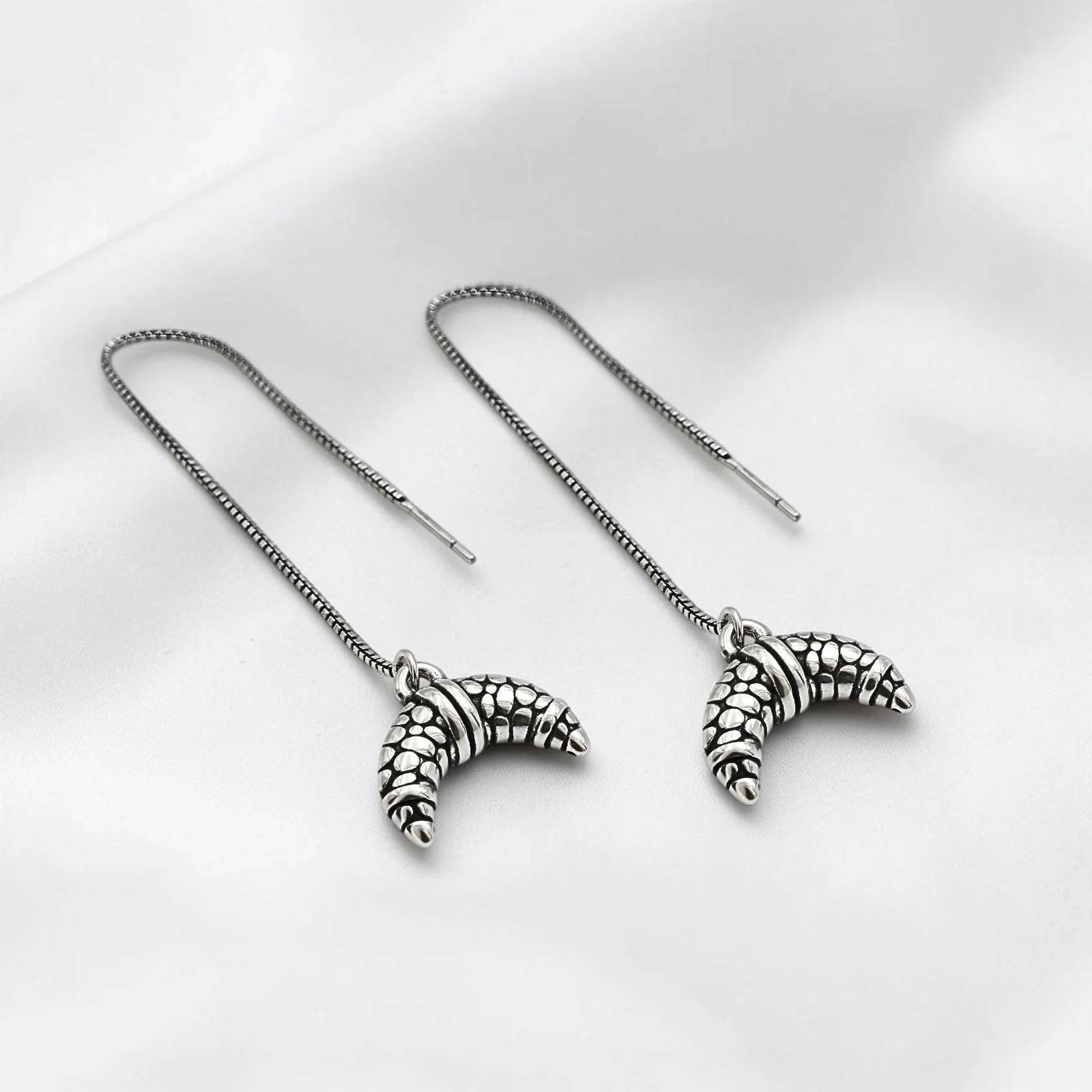 925 Sterling Silver Oxidized Threader Drop croissant-shaped charm Earrings