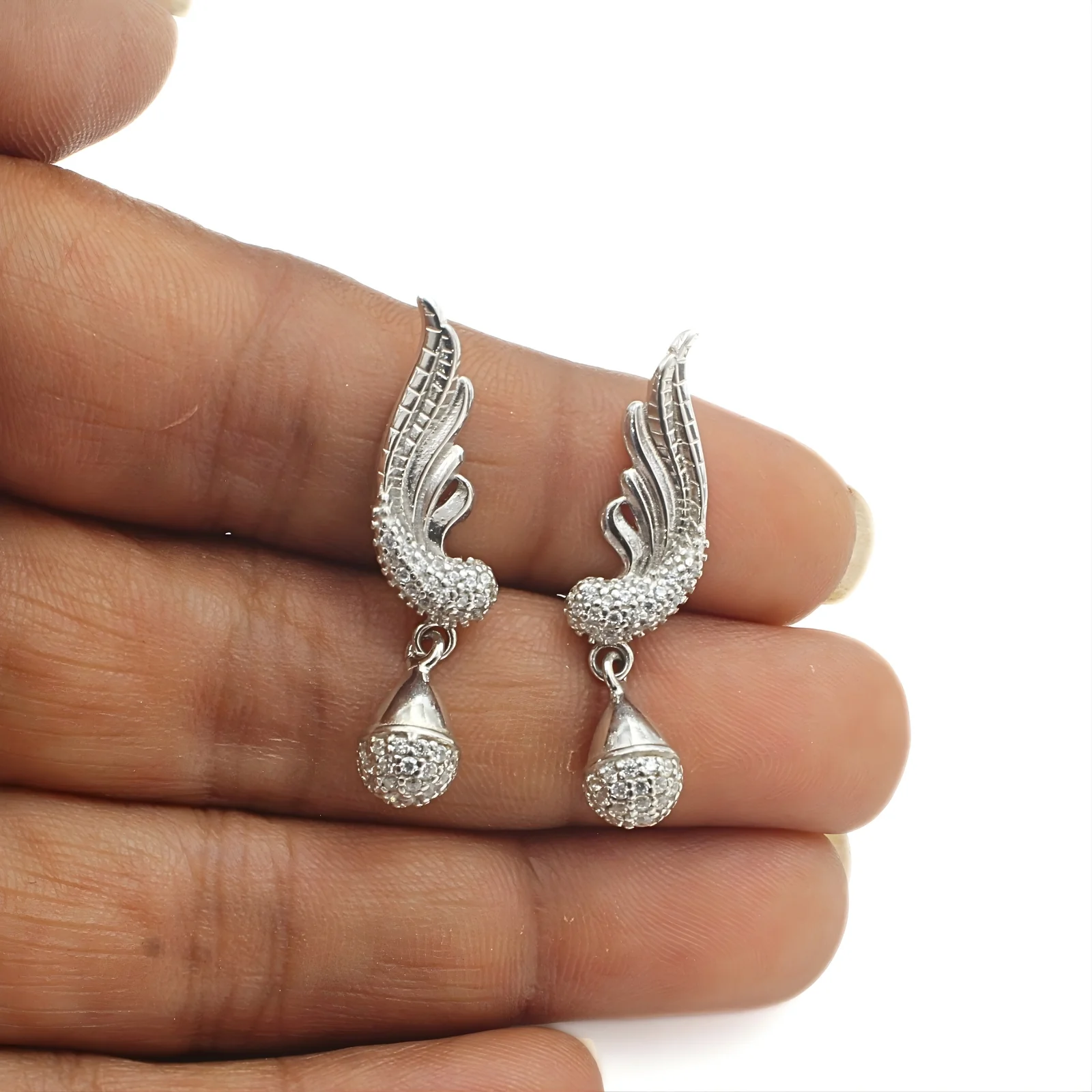 925 Sterling Silver Peacock Feather Shape Drop Earrings - Image 2