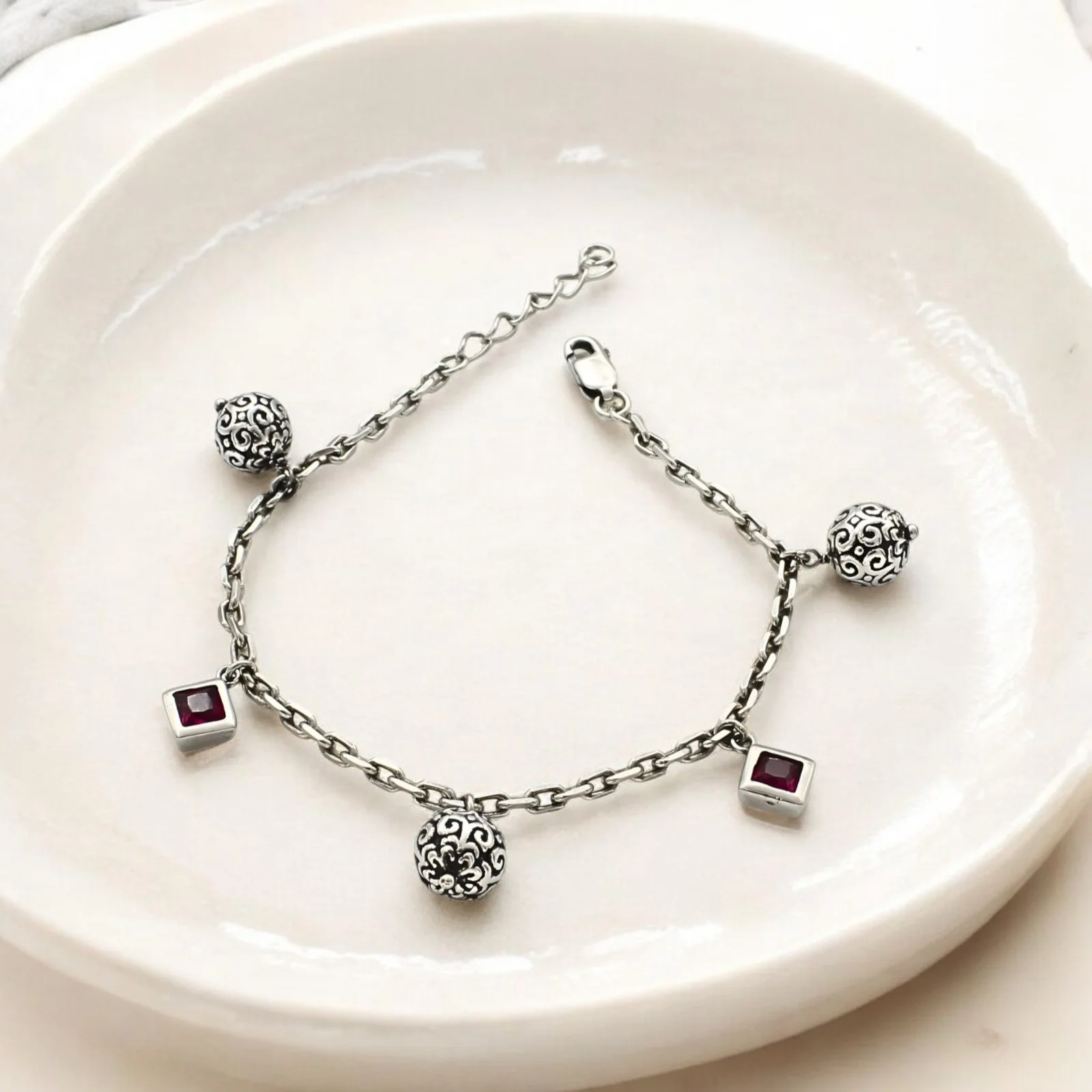 925 Sterling Silver Pink CZ Tribal Bead link chain Bracelet for Girls