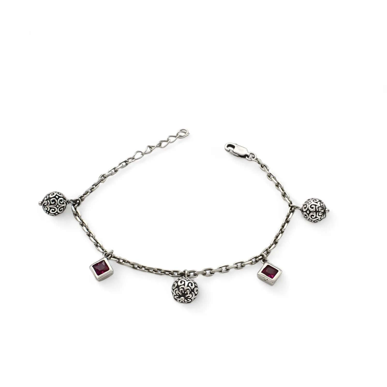 925 Sterling Silver Pink CZ Tribal Bead link chain Bracelet for Girls - Image 2
