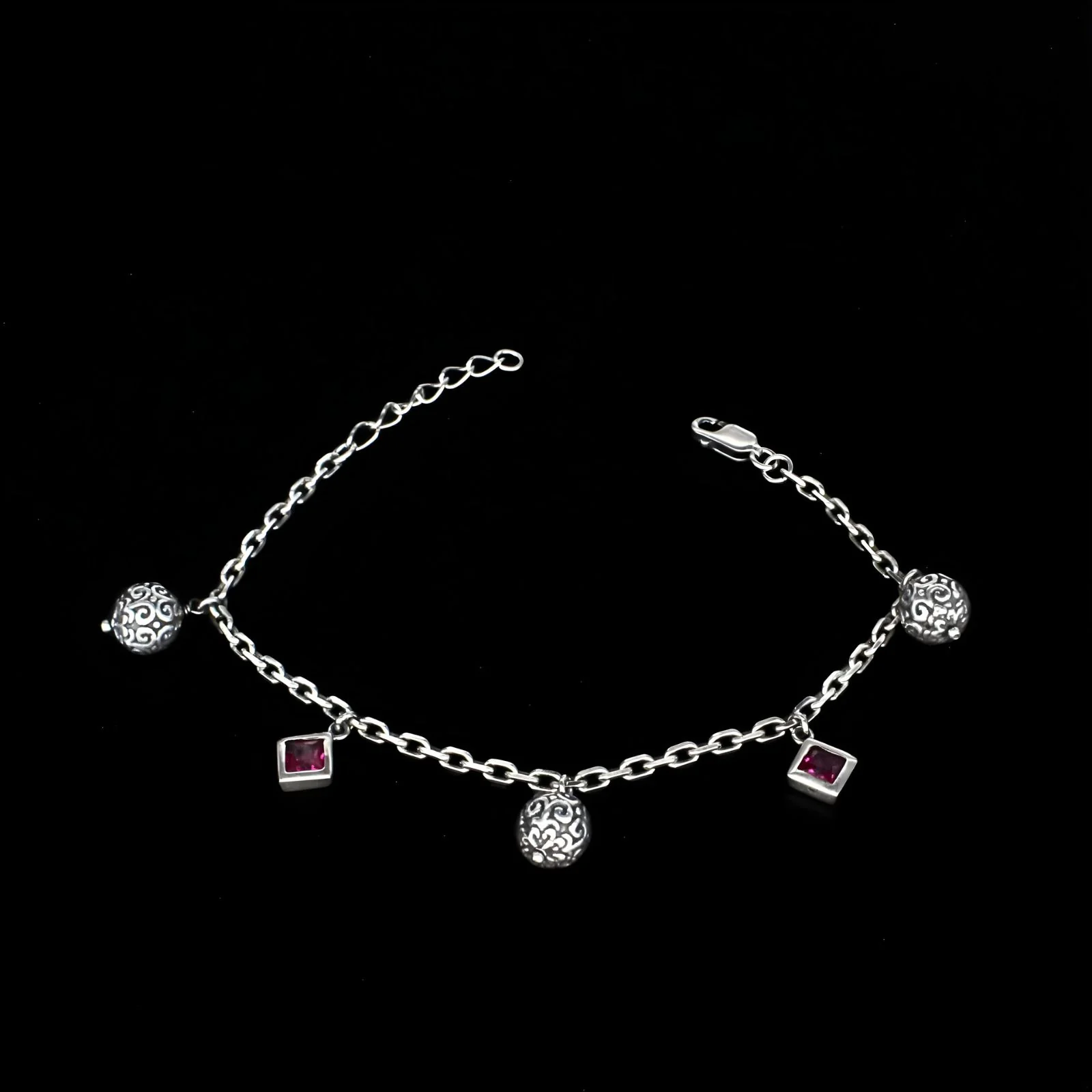 925 Sterling Silver Pink CZ Tribal Bead link chain Bracelet for Girls - Image 5