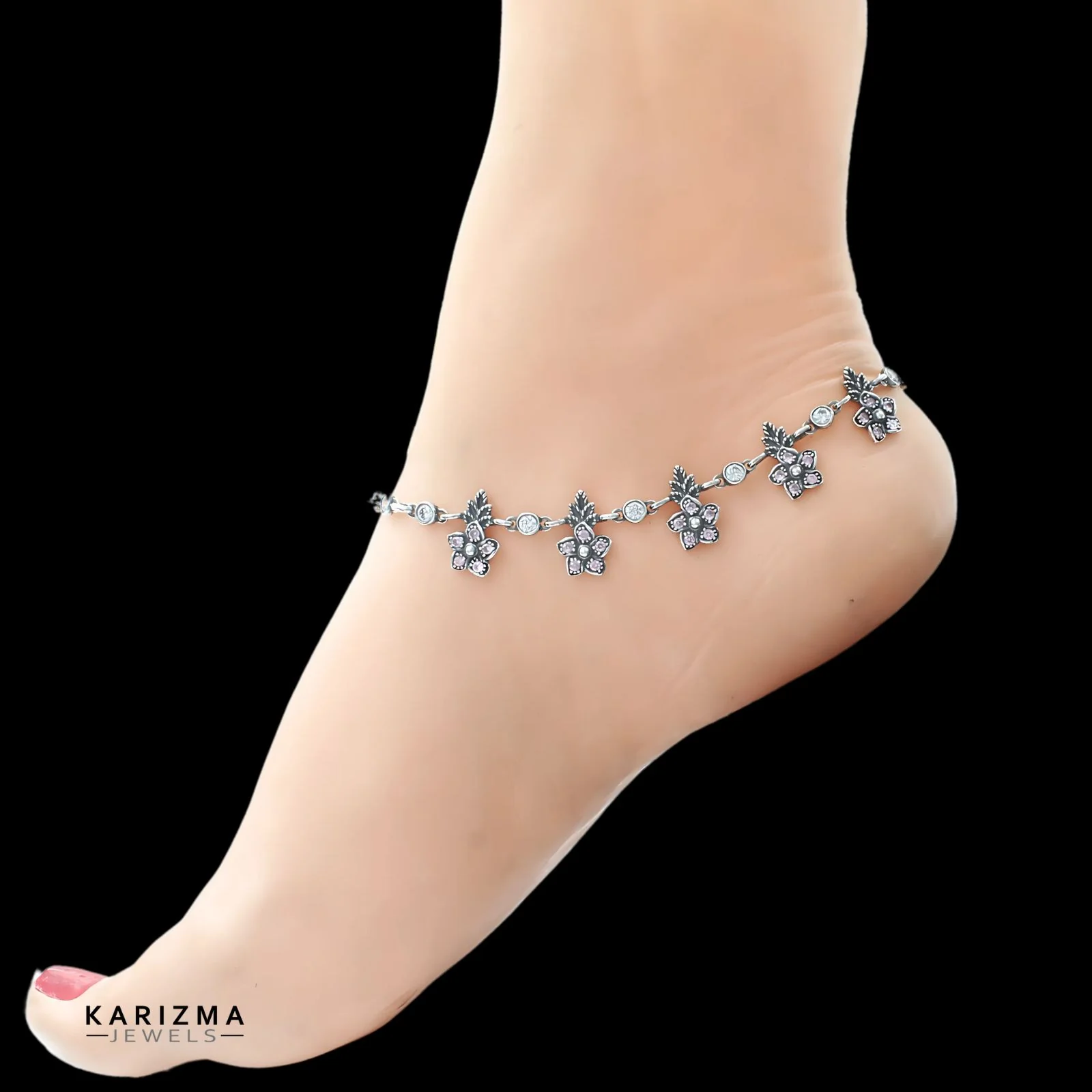 925 Sterling Silver Pink White CZ gorgeous floral design Oxidised Anklets Pair 10.7" - Image 2