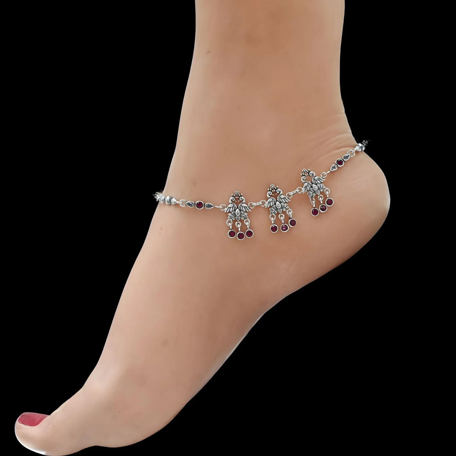 925 Sterling Silver Pink White CZ Oxidized dangle peacock Anklet Pair 10.5"