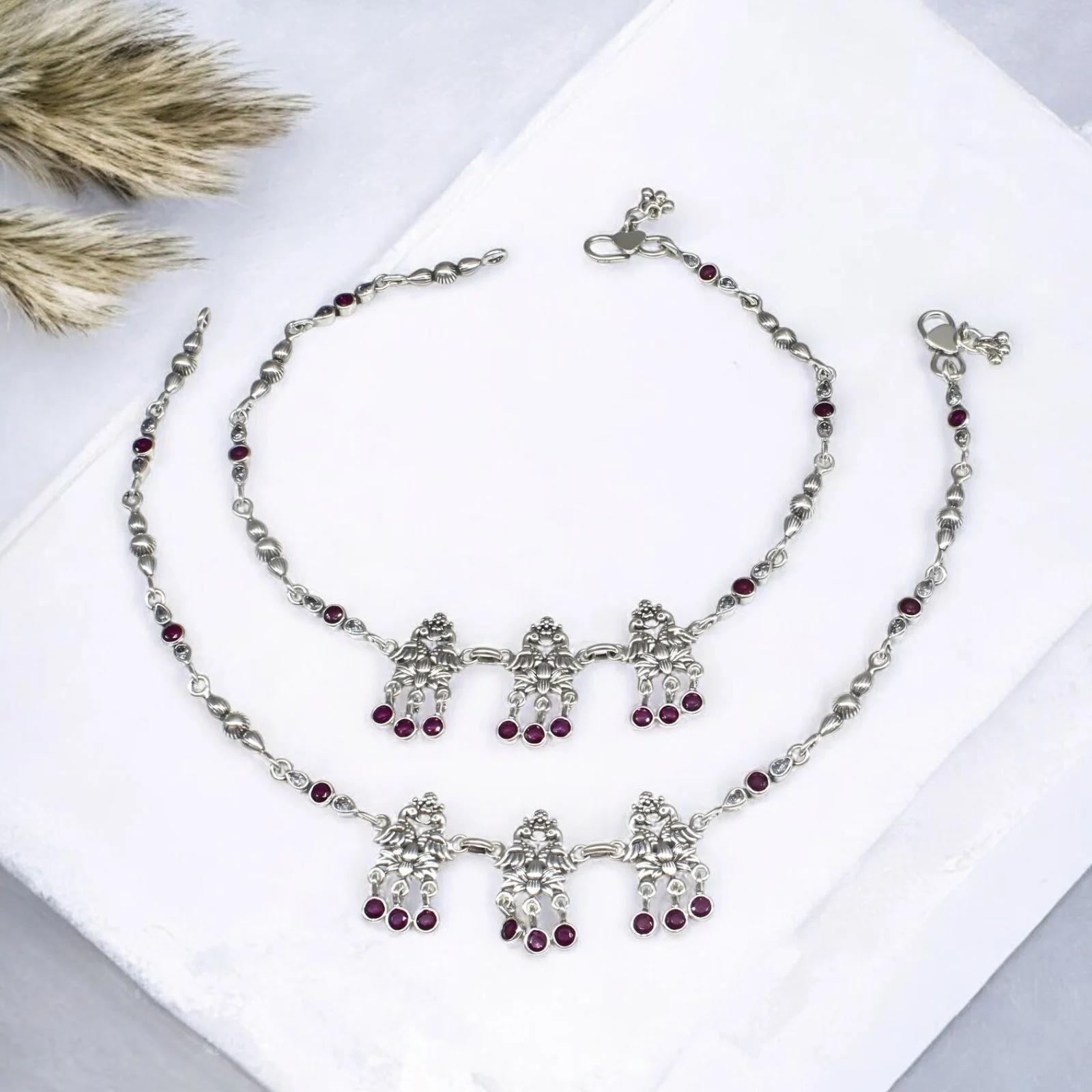 925 Sterling Silver Pink White CZ Oxidized dangle peacock Anklet Pair 10.5" - Image 2