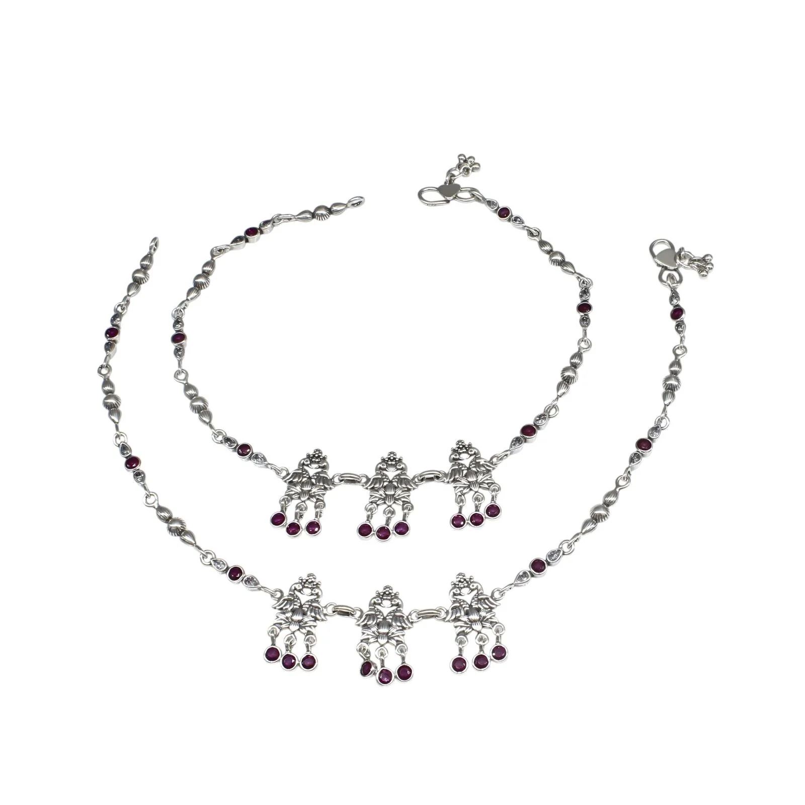 925 Sterling Silver Pink White CZ Oxidized dangle peacock Anklet Pair 10.5" - Image 3