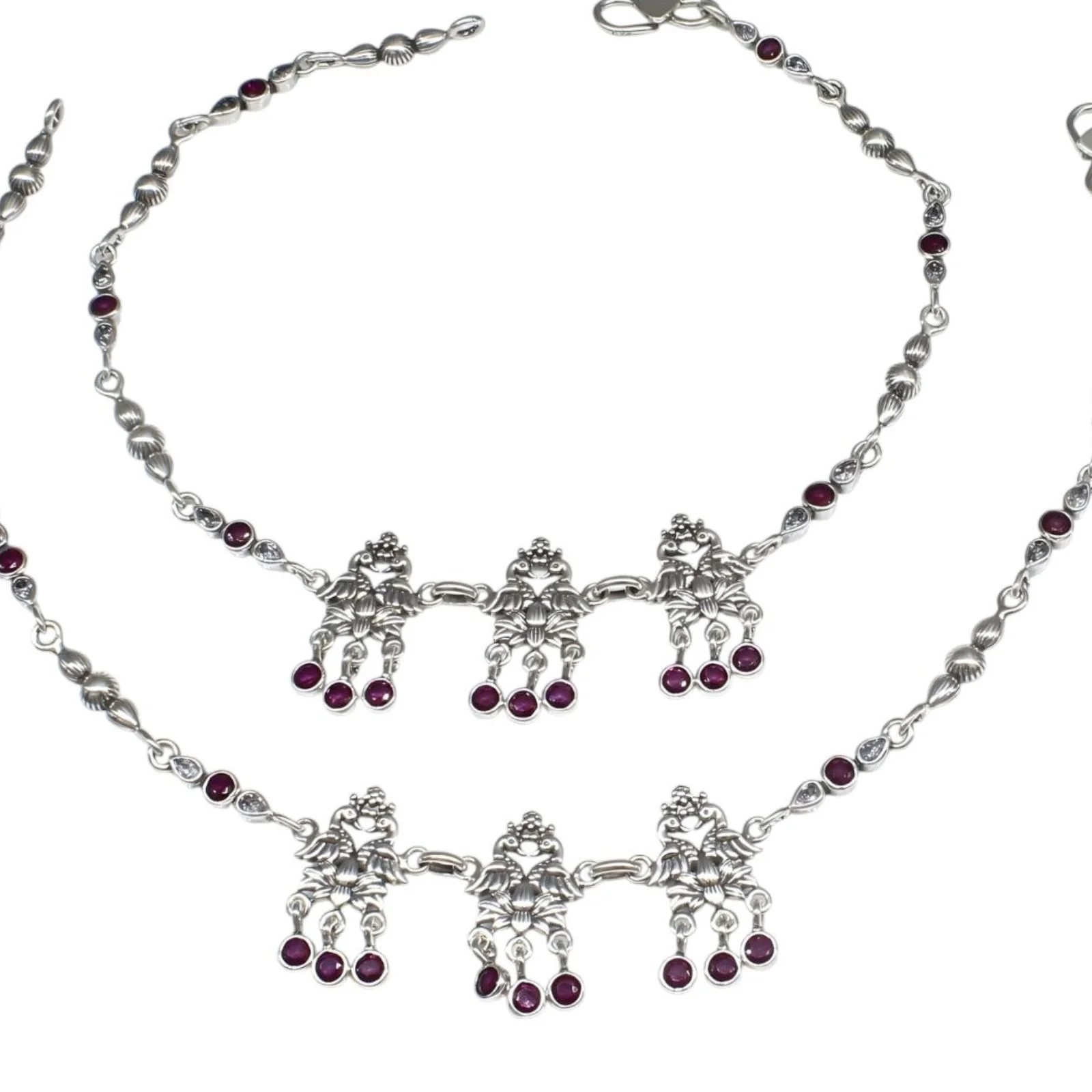 925 Sterling Silver Pink White CZ Oxidized dangle peacock Anklet Pair 10.5" - Image 4