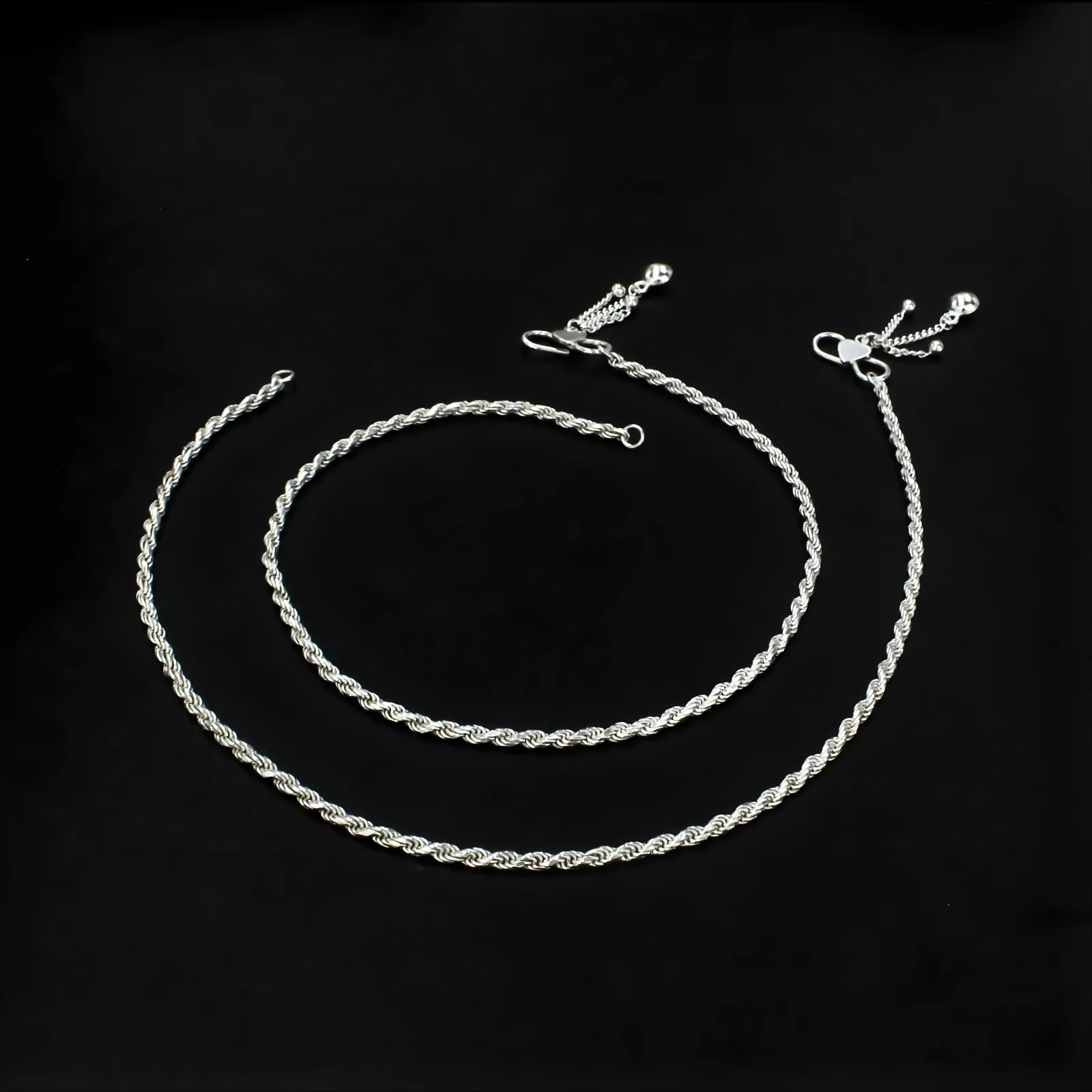925 Sterling Silver twisted rope design women Chain Anklet Pair 10.3" - Image 3