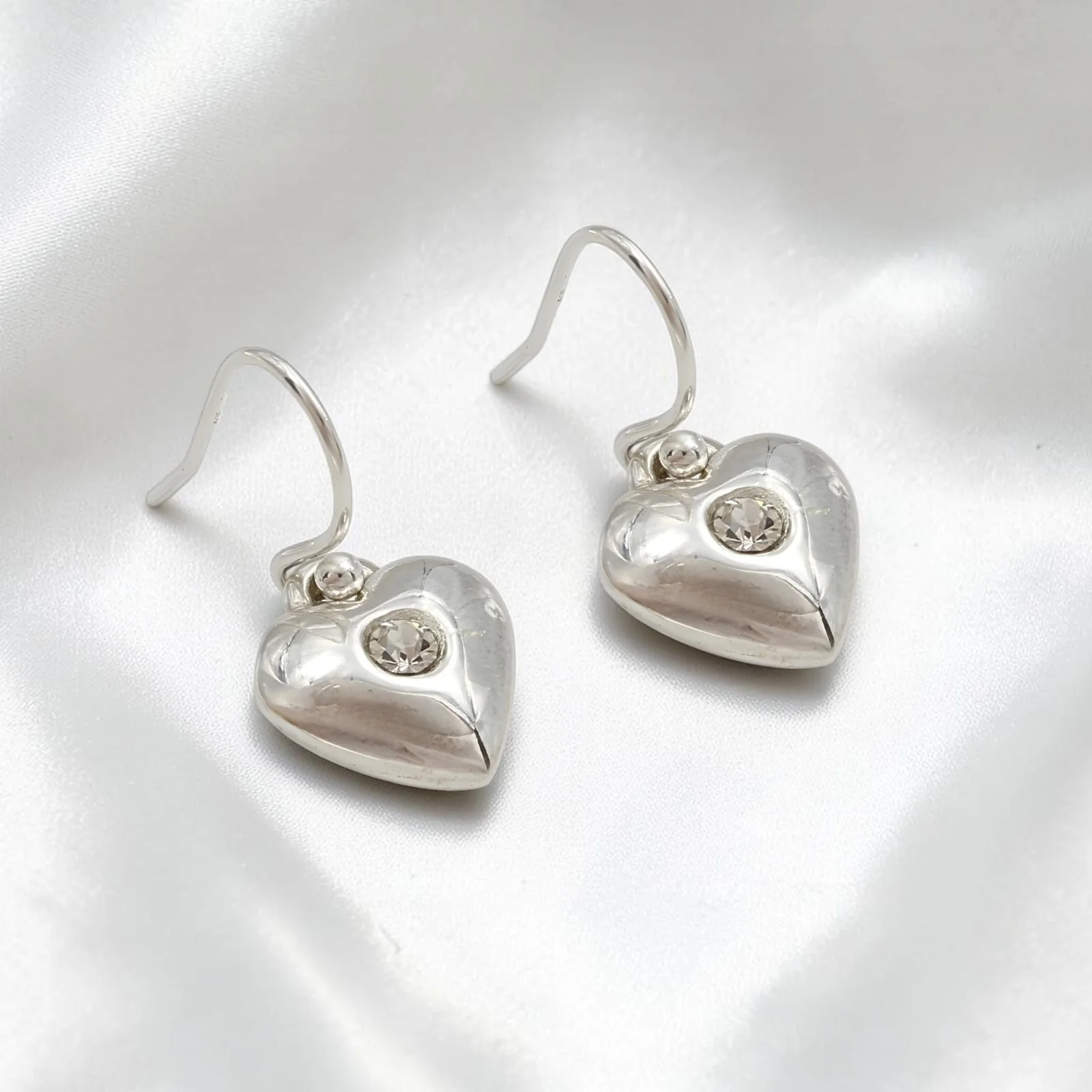 925 Sterling Silver White CZ Heart Dangle Earrings - Image 2