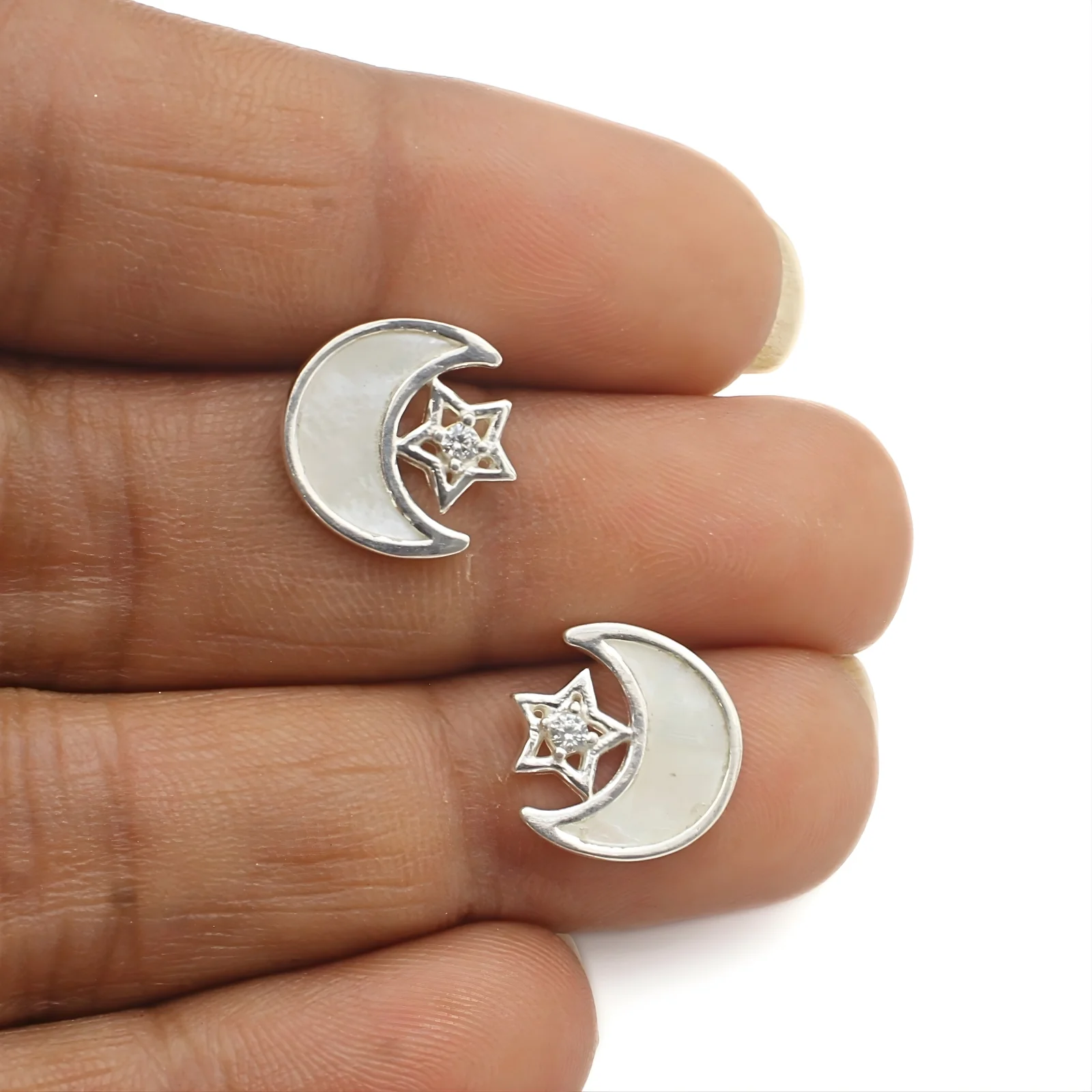 925 Sterling Silver White CZ Moon and Star Earrings - Image 2