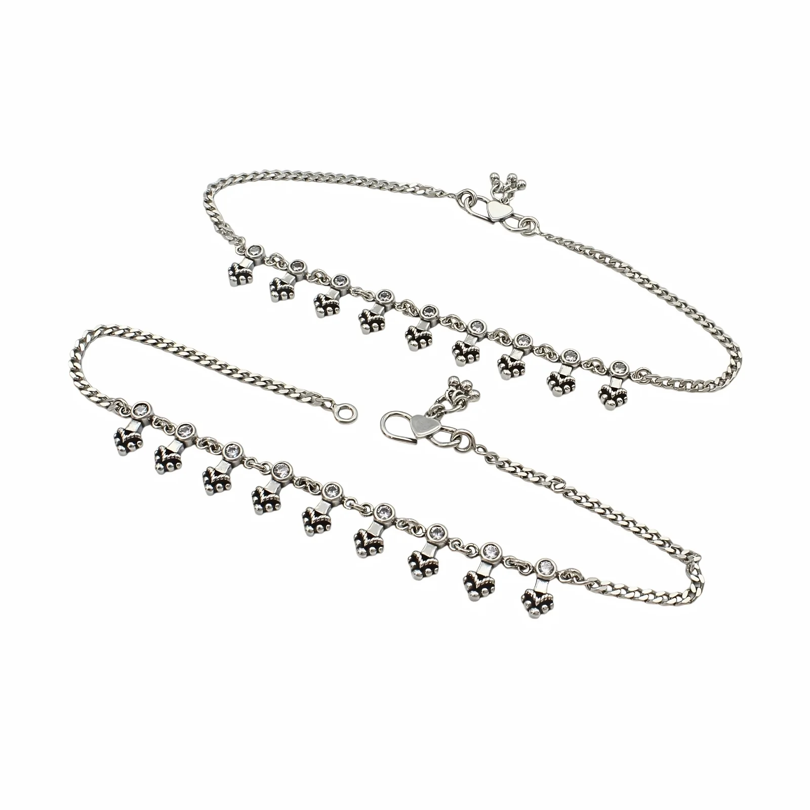 925 Sterling Silver White CZ Oxidised Floral Charm Anklet Pair 10.3" - Image 5