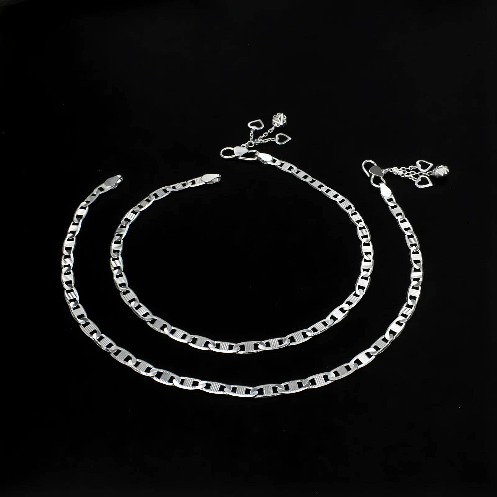 925 Sterling Silver Women Flat Mariner Link Chain Anklet Pair 10.3" - Image 3