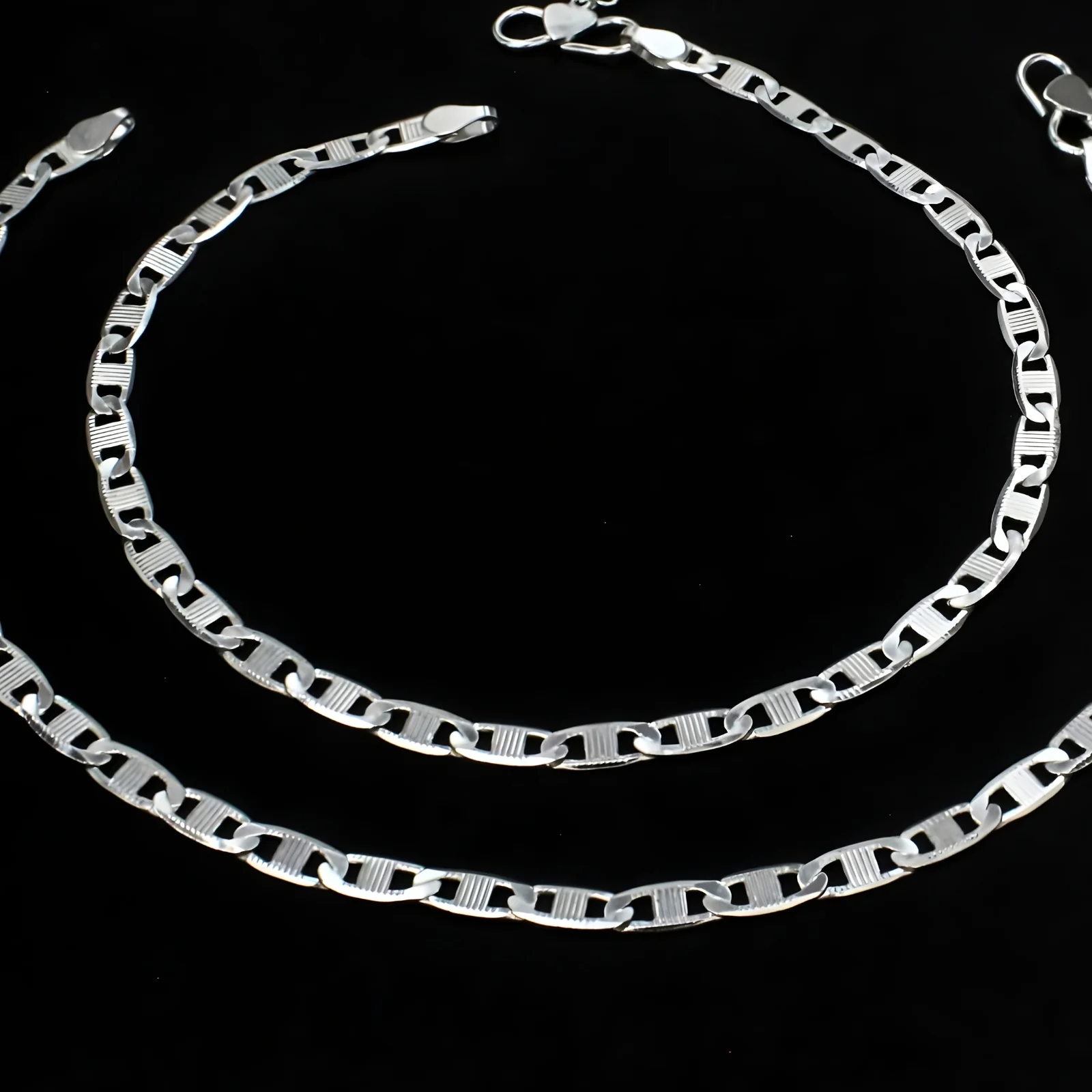 925 Sterling Silver Women Flat Mariner Link Chain Anklet Pair 10.3" - Image 4