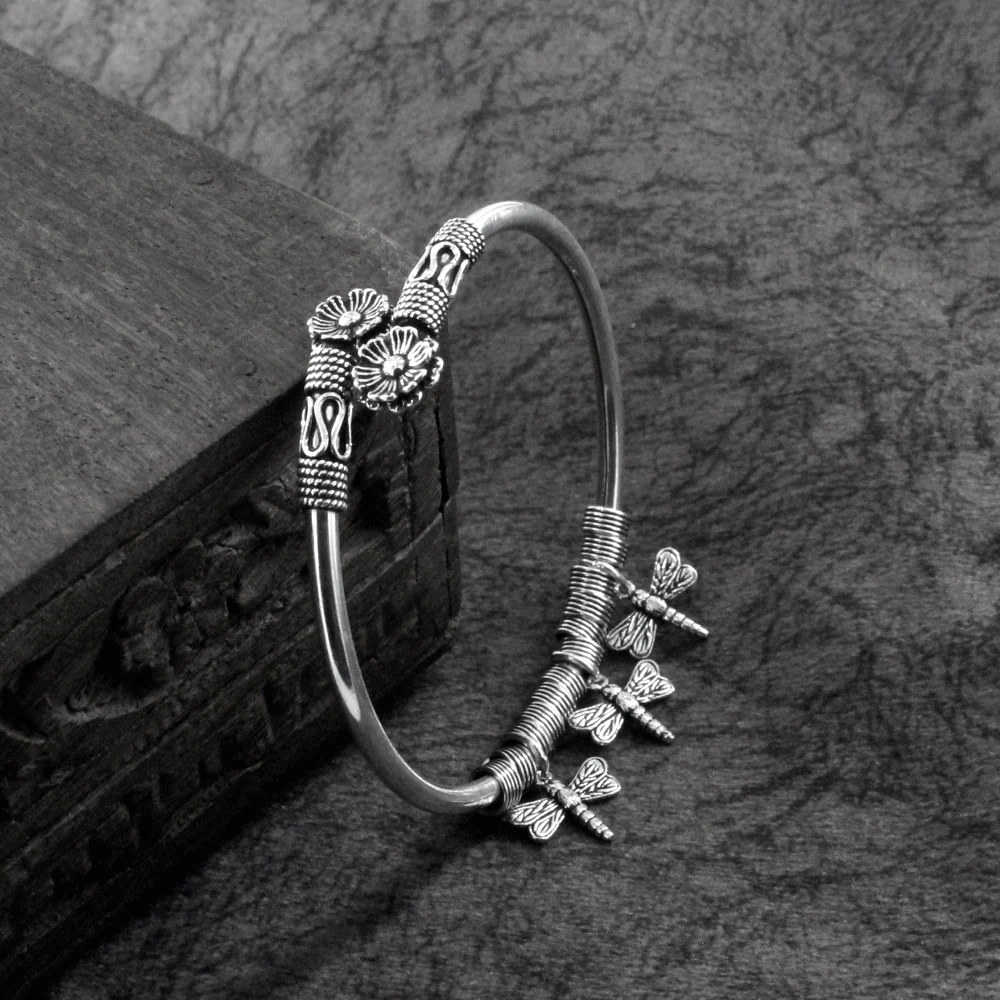 Antique Flower Real Silver women's Bracelet Bangle - Single